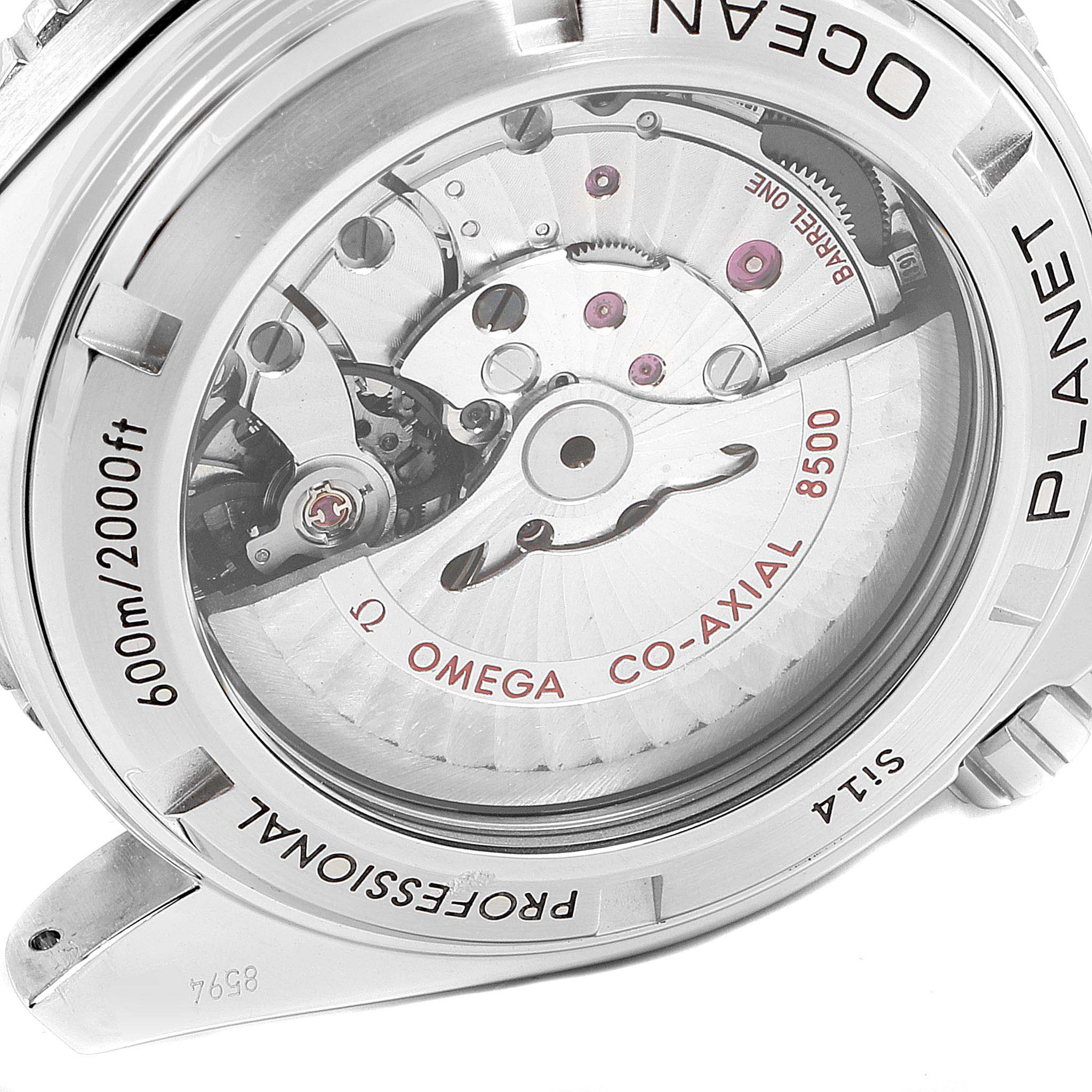 The image shows the case back of the Omega Planet Ocean 232.30.46.21.01.001 Men's Stainless Steel Black Dial 232.30.46.21.01.001 Men's Stainless Steel Black Dial watch, revealing its Omega Co-Axial 8500 movement.