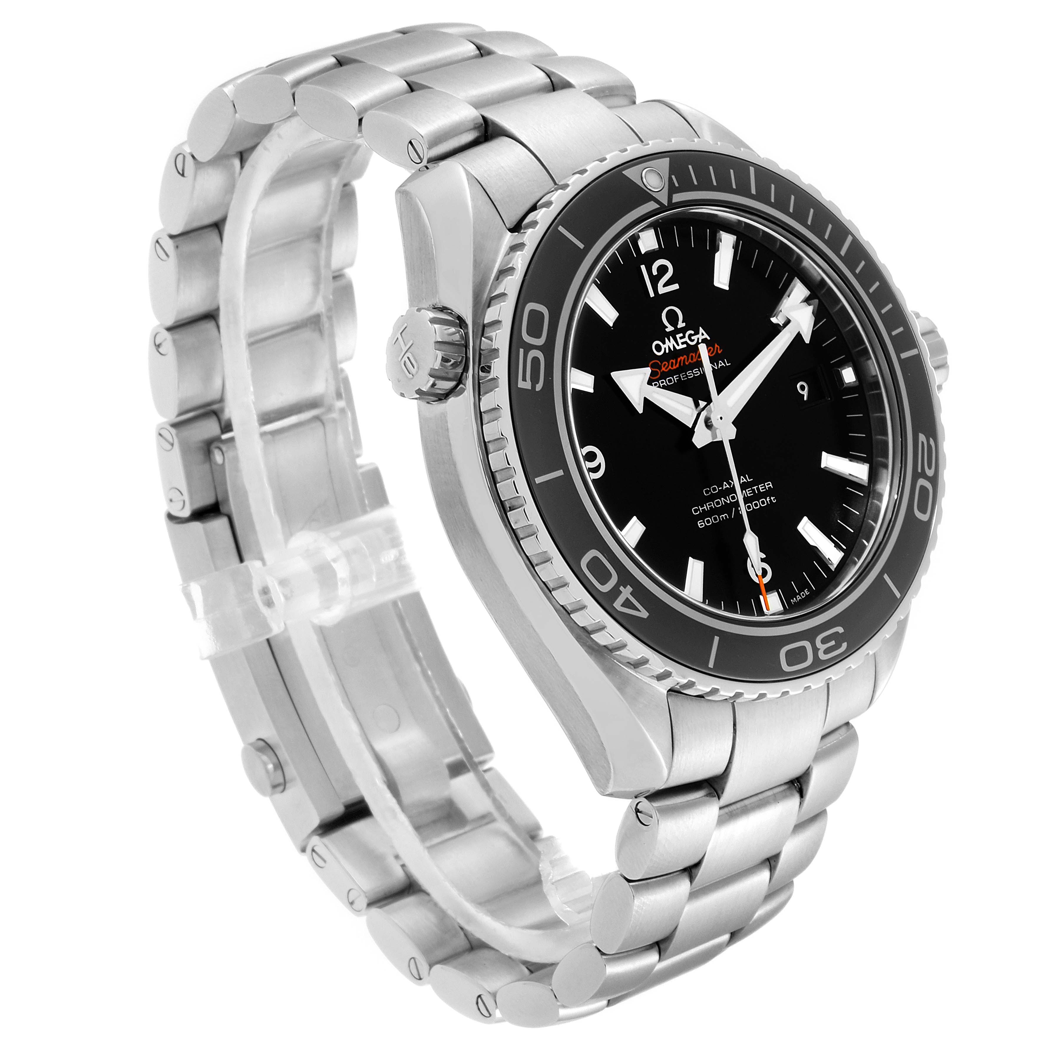 This image shows the Omega Planet Ocean 232.30.46.21.01.001 Men's Stainless Steel Black Dial 232.30.46.21.01.001 Men's Stainless Steel Black Dial watch from an angled side view, detailing its face, bezel, and metal bracelet.