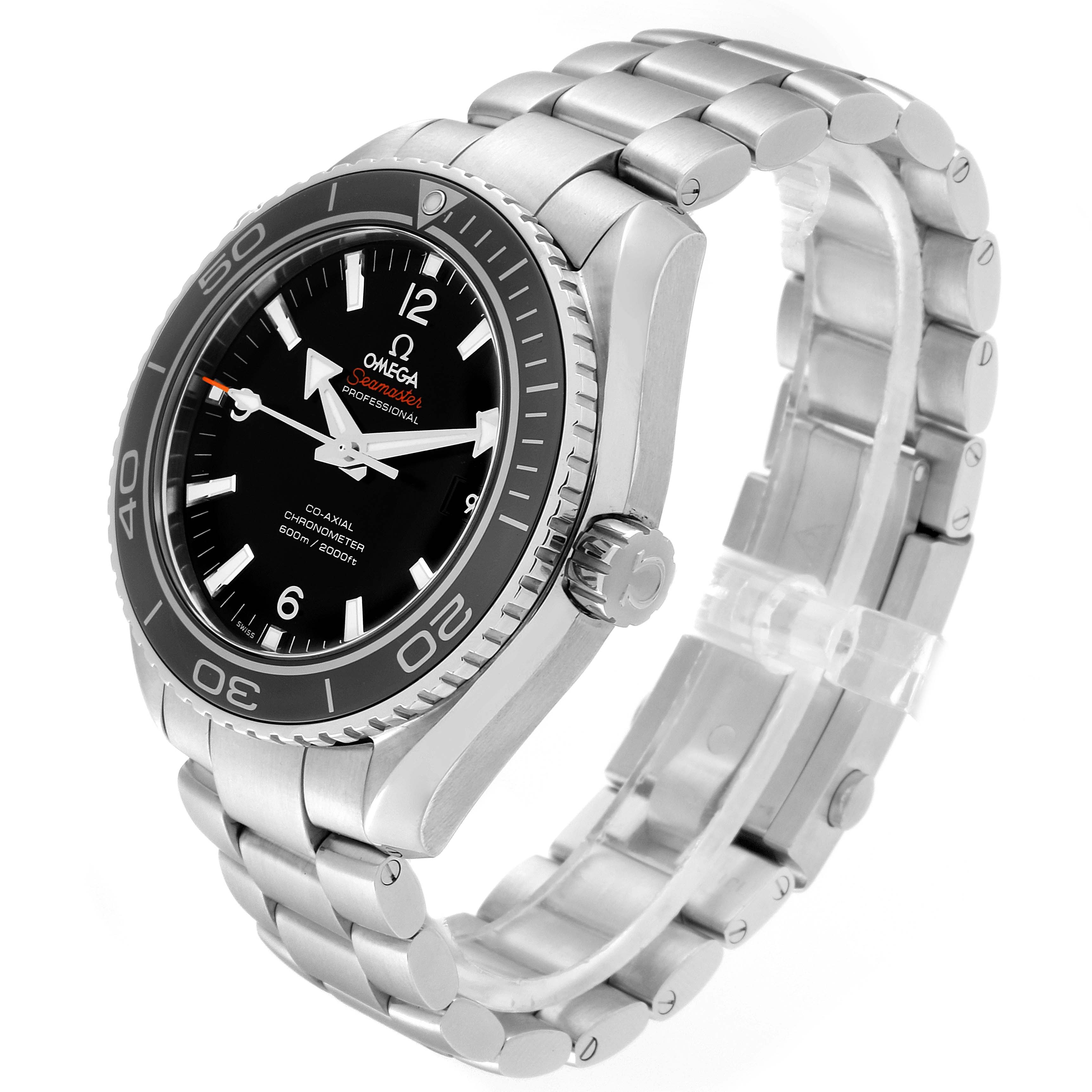 The Omega Planet Ocean 232.30.46.21.01.001 Men's Stainless Steel Black Dial 232.30.46.21.01.001 Men's Stainless Steel Black Dial watch is shown at an angle highlighting the dial, bezel, and stainless steel bracelet.