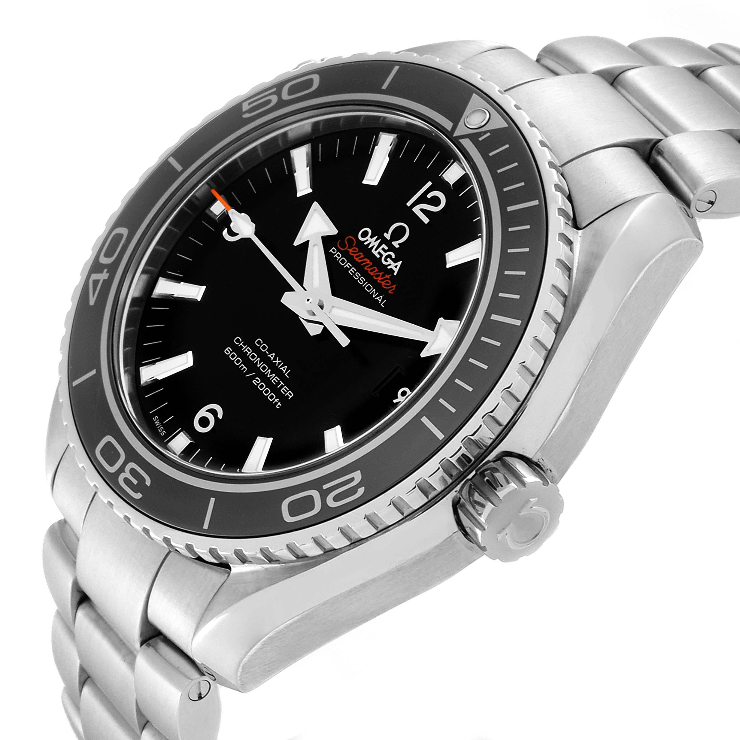 The image shows the Omega Planet Ocean 232.30.46.21.01.001 Men's Stainless Steel Black Dial 232.30.46.21.01.001 Men's Stainless Steel Black Dial watch from an angle highlighting its face, bezel, crown, and metal bracelet.