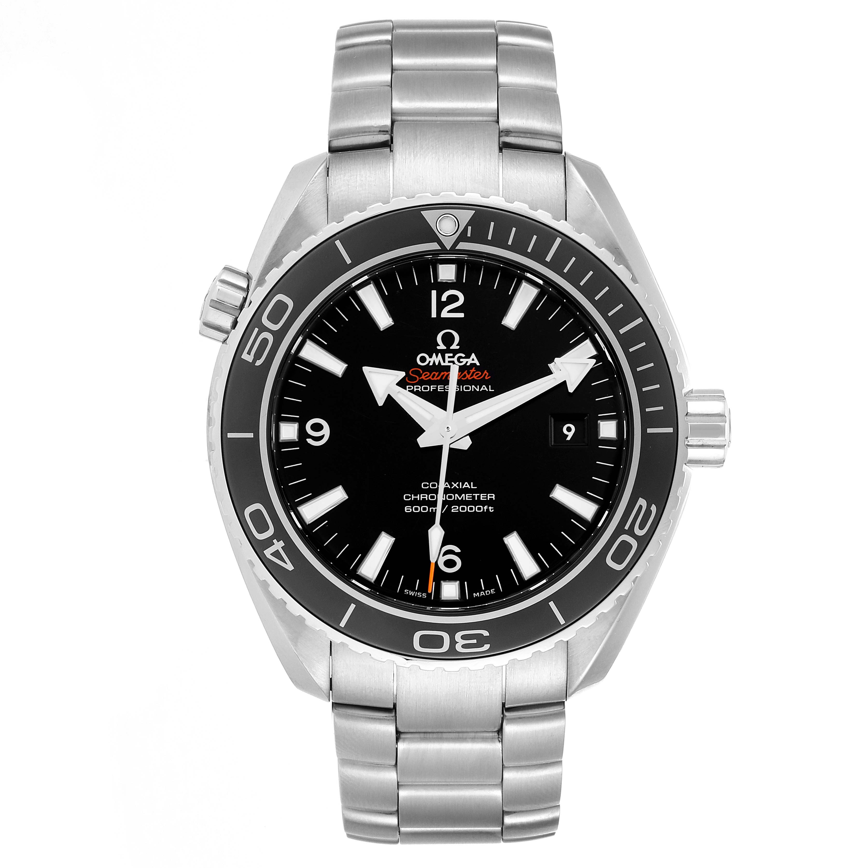 The image shows a front view of the Omega Planet Ocean 232.30.46.21.01.001 Men's Stainless Steel Black Dial 232.30.46.21.01.001 Men's Stainless Steel Black Dial watch, displaying its face, bezel, and stainless steel bracelet.