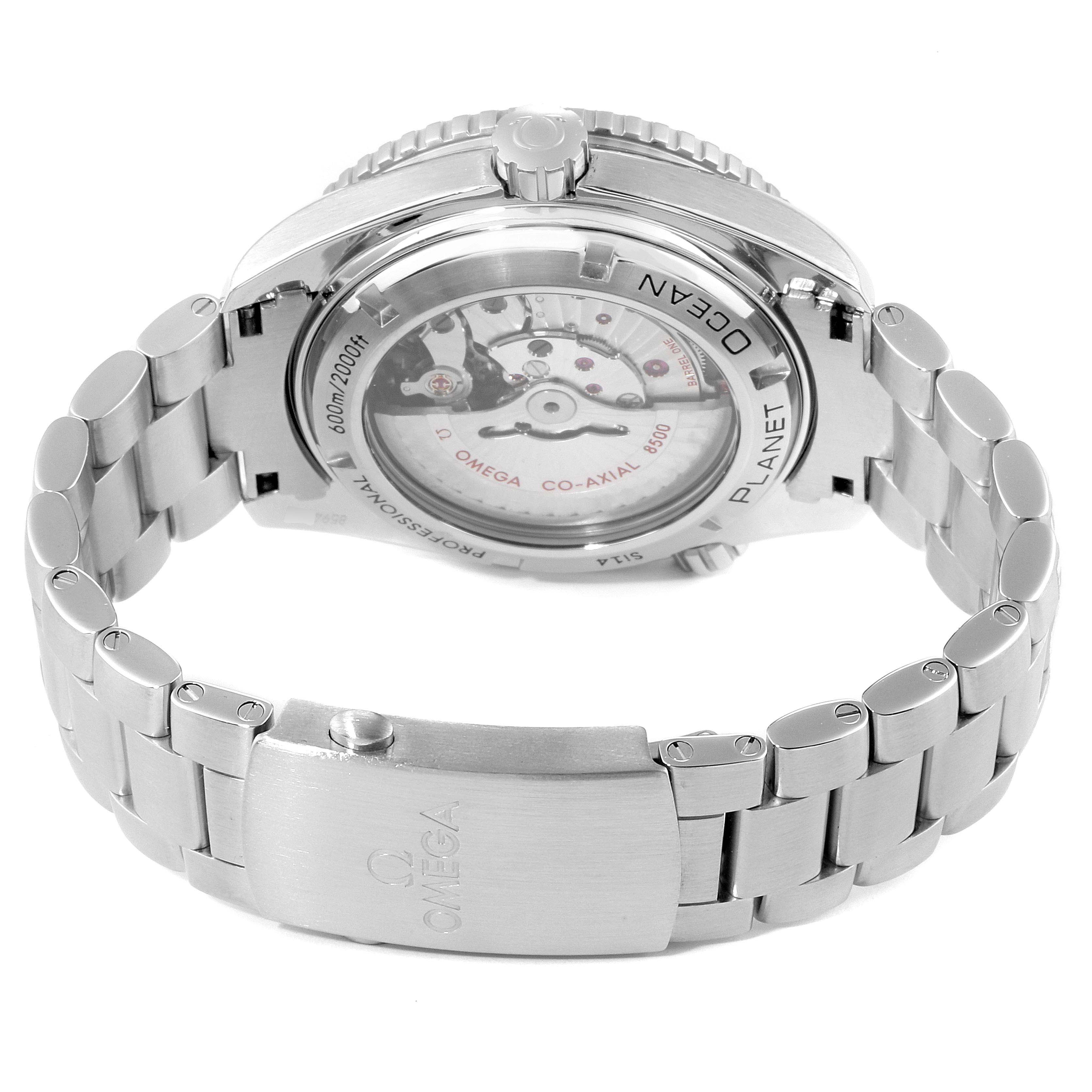 This image shows the case back and bracelet of the Omega Planet Ocean 232.30.46.21.01.001 Men's Stainless Steel Black Dial 232.30.46.21.01.001 Men's Stainless Steel Black Dial watch, highlighting the movement and clasp.