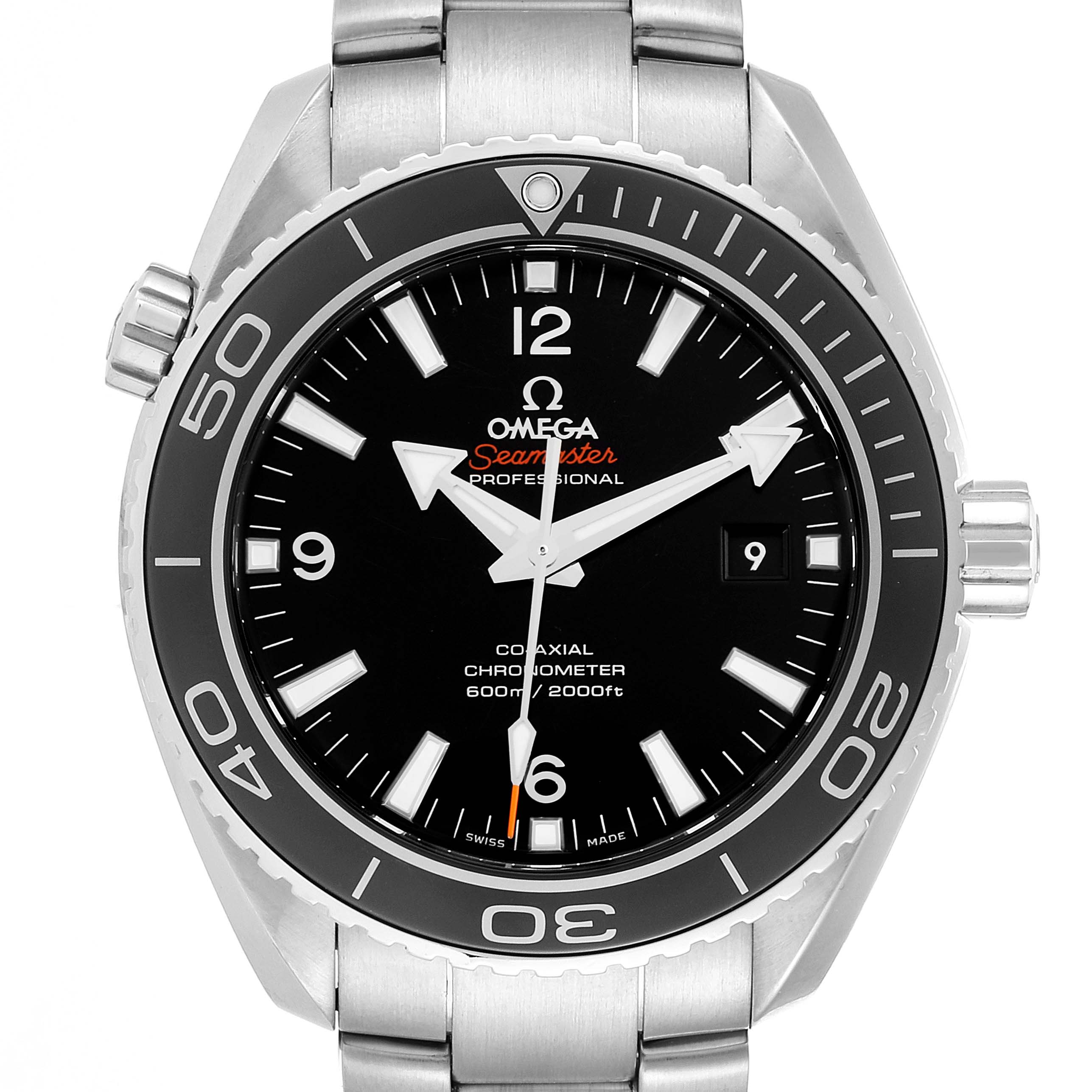 The image shows a front view of the Omega Planet Ocean 232.30.46.21.01.001 Men's Stainless Steel Black Dial 232.30.46.21.01.001 Men's Stainless Steel Black Dial model, displaying the bezel, dial, hands, and part of the bracelet.