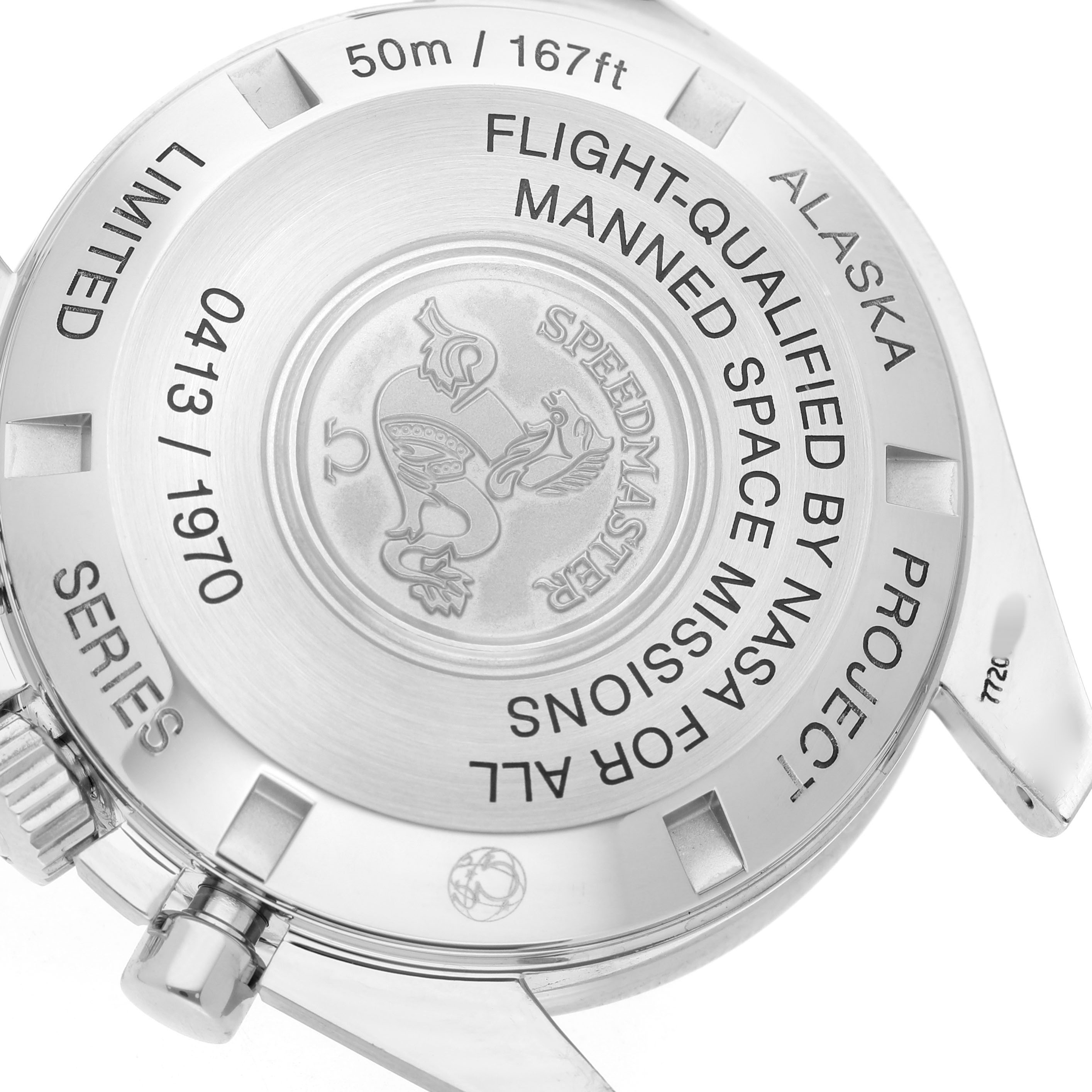 The image shows the back case of the Omega Speedmaster 311.32.42.30.04.001 Men's Stainless Steel White Dial, highlighting engravings and the watch's crown.