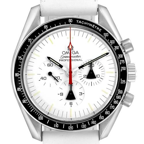 The Omega Speedmaster 311.32.42.30.04.001 Men's Stainless Steel White Dial watch is shown from a front angle, highlighting the face, tachymeter bezel, and chronograph sub-dials.