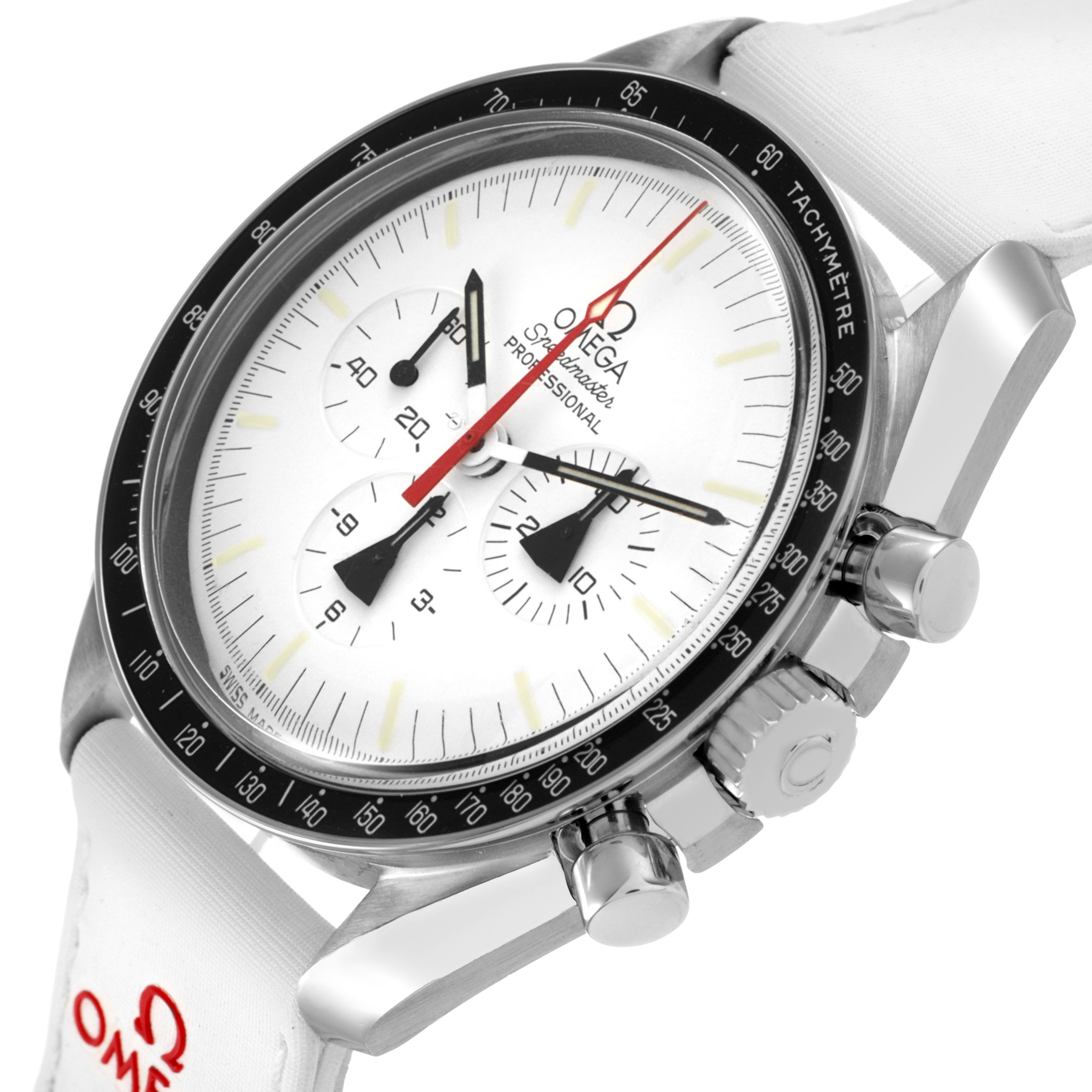 The Omega Speedmaster 311.32.42.30.04.001 Men's Stainless Steel White Dial watch is shown at an angle highlighting the chronograph, tachymeter, and crown.