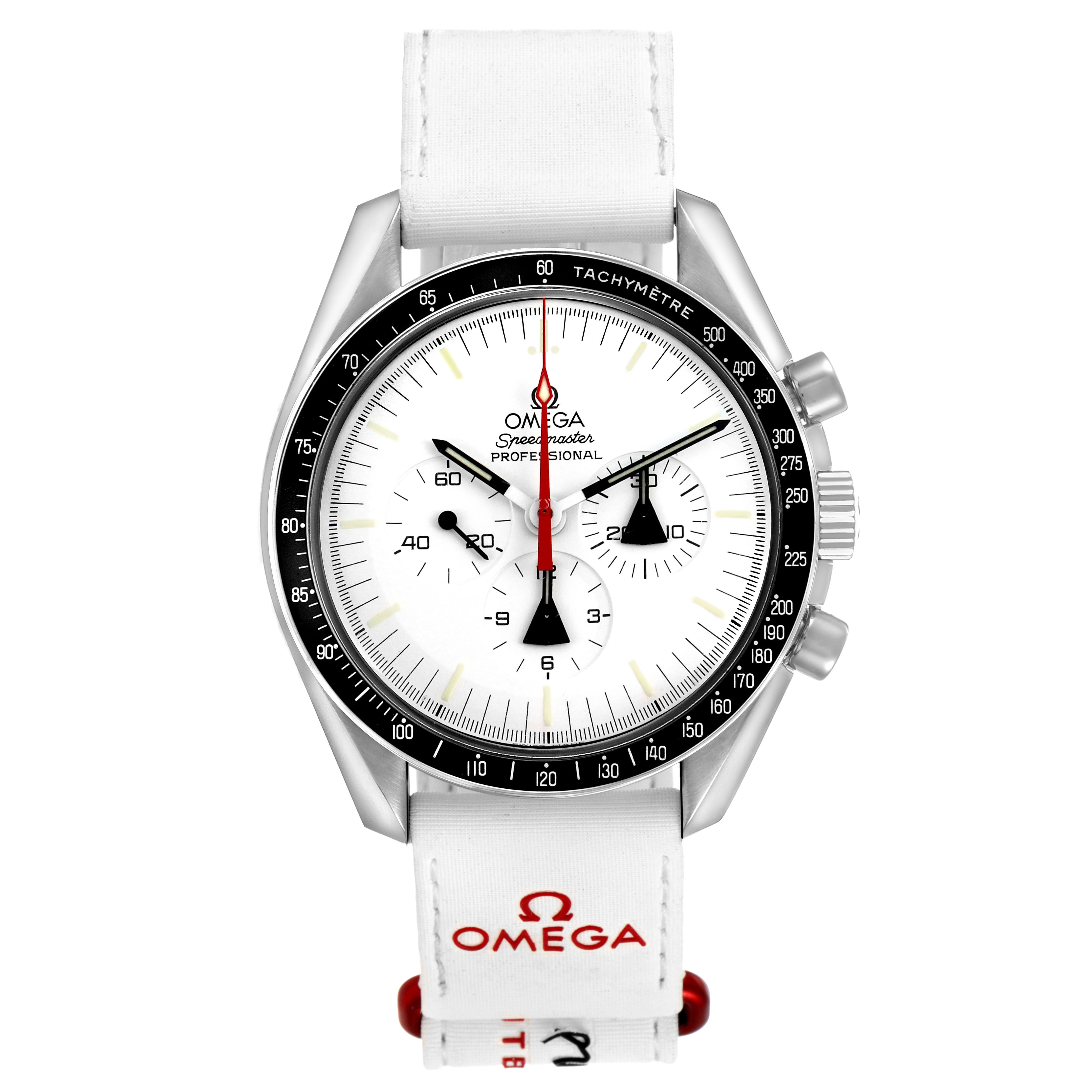 The Omega Speedmaster 311.32.42.30.04.001 Men's Stainless Steel White Dial watch is shown from the front, displaying the dial, bezel, and pushers, with a white strap featuring the Omega logo.