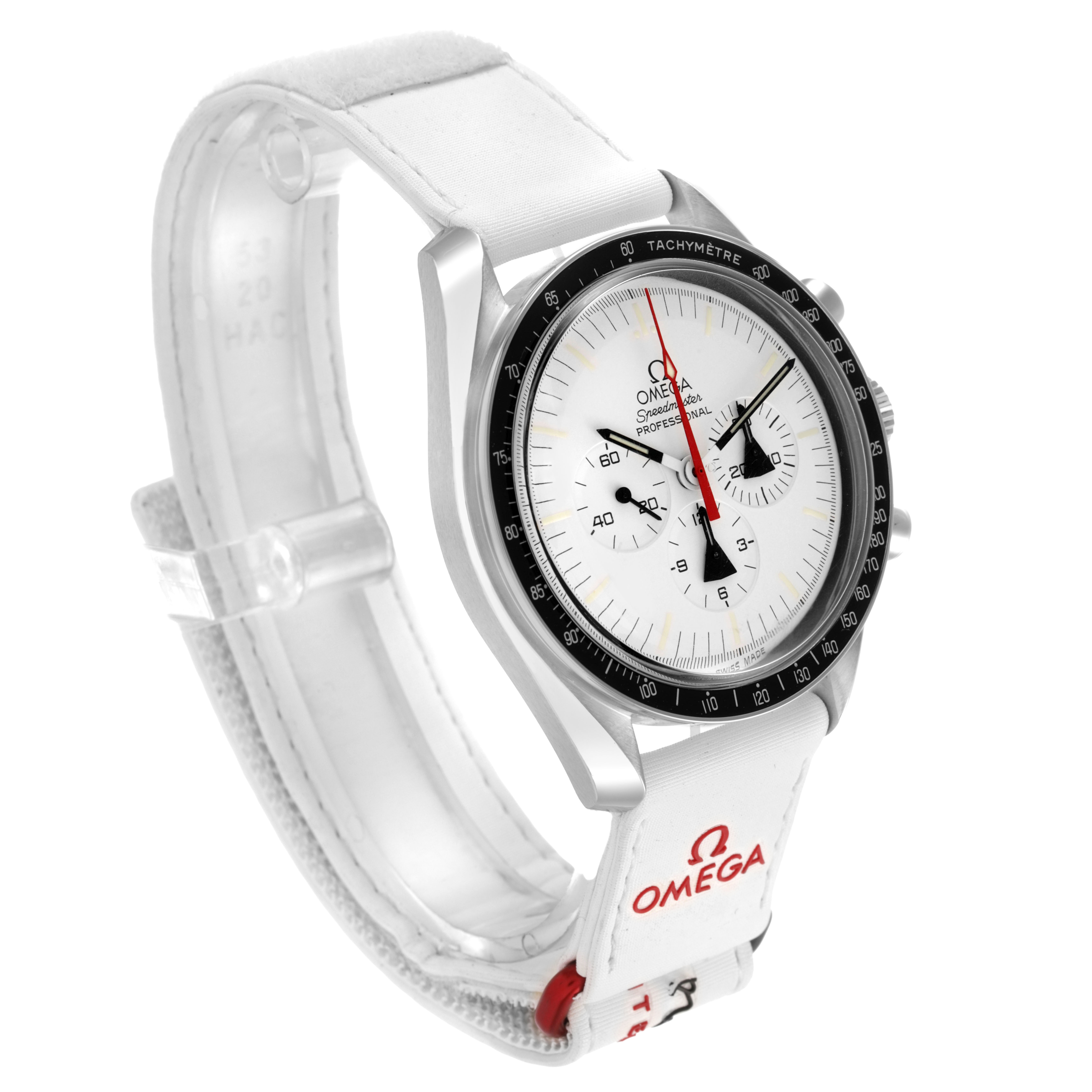 The Omega Speedmaster 311.32.42.30.04.001 Men's Stainless Steel White Dial is shown at a three-quarter angle, highlighting the dial, bezels, and white strap with branding.