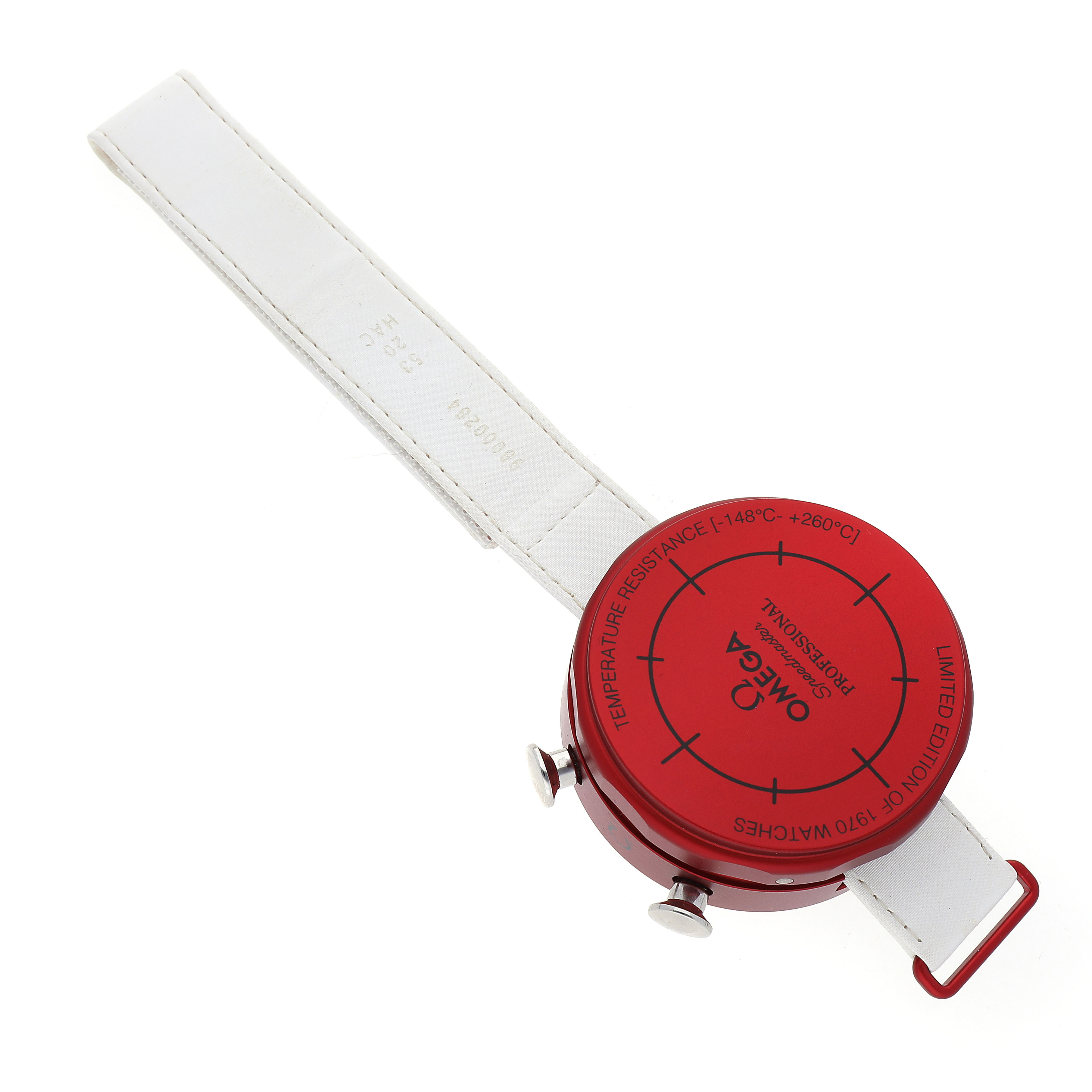 The image shows the back and side view of an Omega Speedmaster 311.32.42.30.04.001 Men's Stainless Steel White Dial watch with its red case back and white strap.