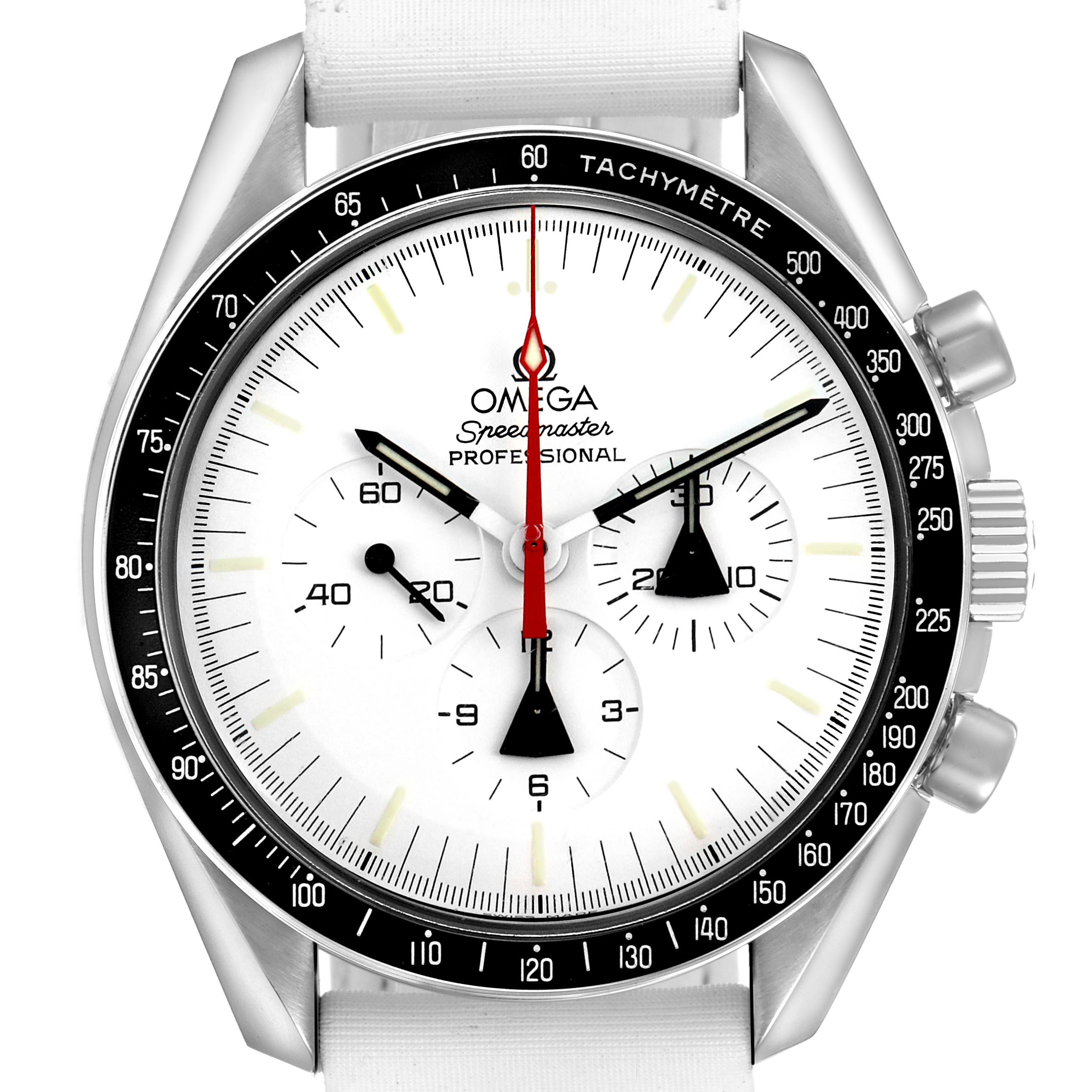 The Omega Speedmaster 311.32.42.30.04.001 Men's Stainless Steel White Dial watch is shown from a front angle, highlighting the dial, tachymetric bezel, and pushers.