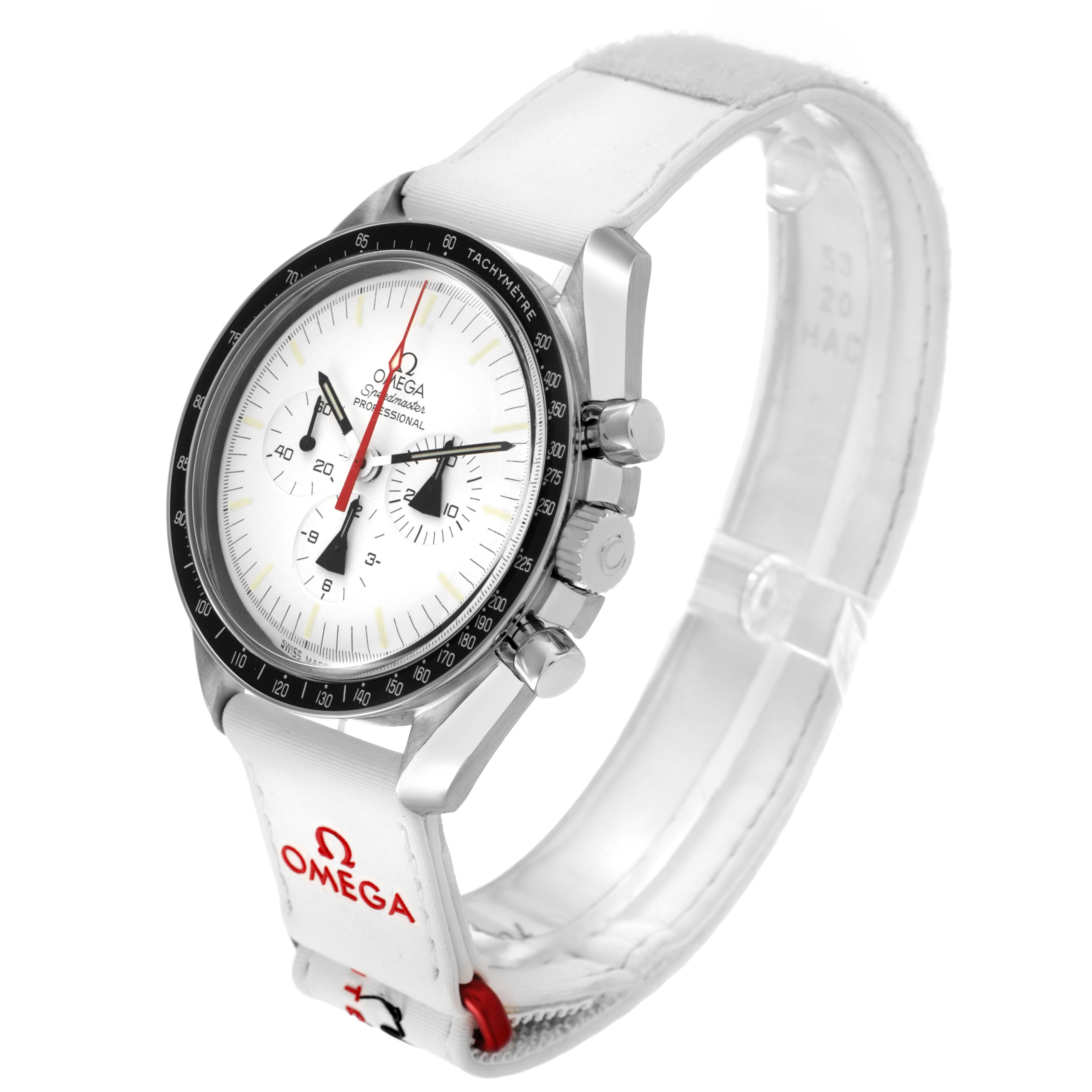 The Omega Speedmaster 311.32.42.30.04.001 Men's Stainless Steel White Dial watch is shown at a three-quarter angle, highlighting its face, case, pushers, and strap.