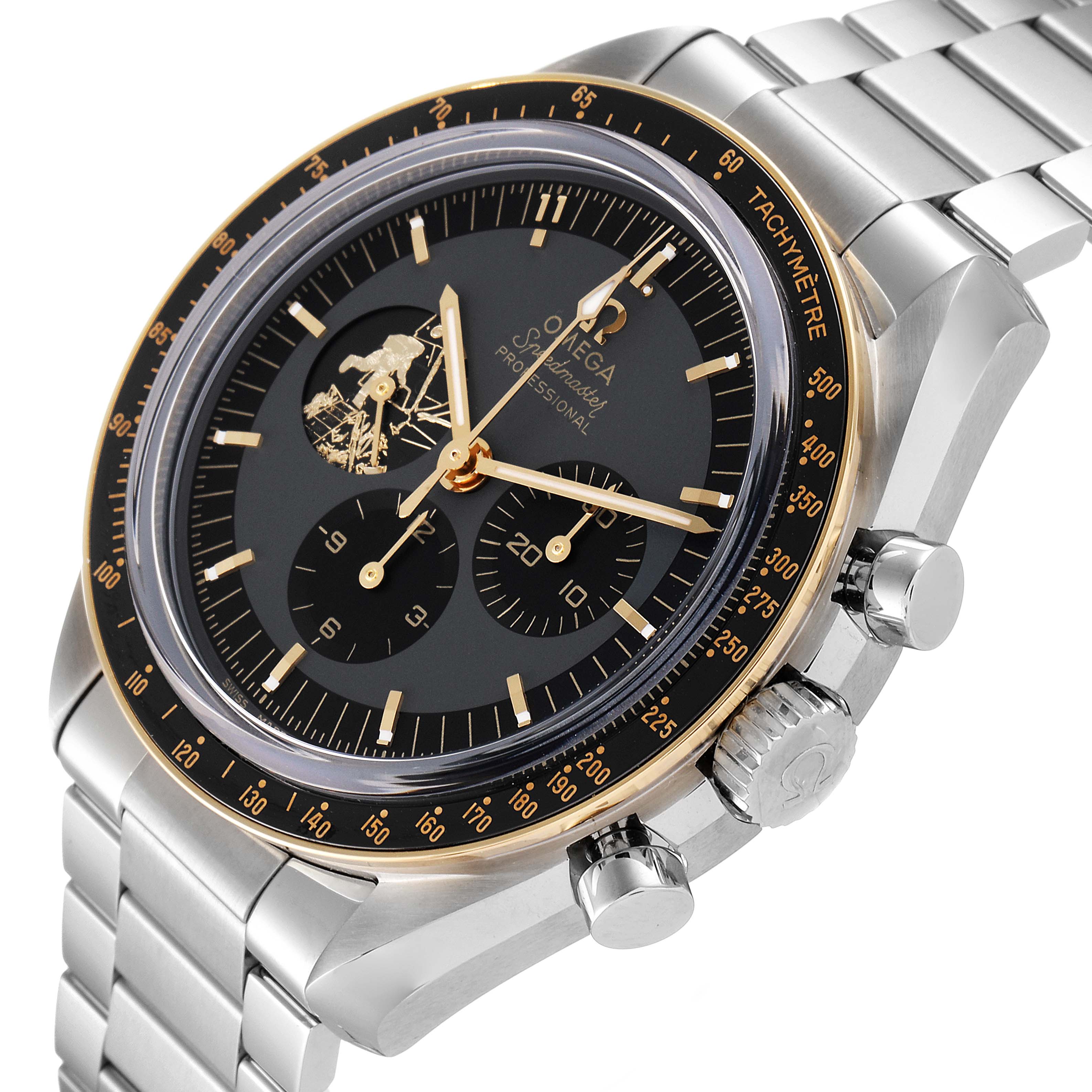 The image shows an Omega Speedmaster 310.20.42.50.01.001 Men's Stainless Steel Grey Dial 310.20.42.50.01.001 Men's Stainless Steel Grey Dial watch at a slight angle, highlighting the bezel, dial, chronograph sub-dials, and part of the bracelet.