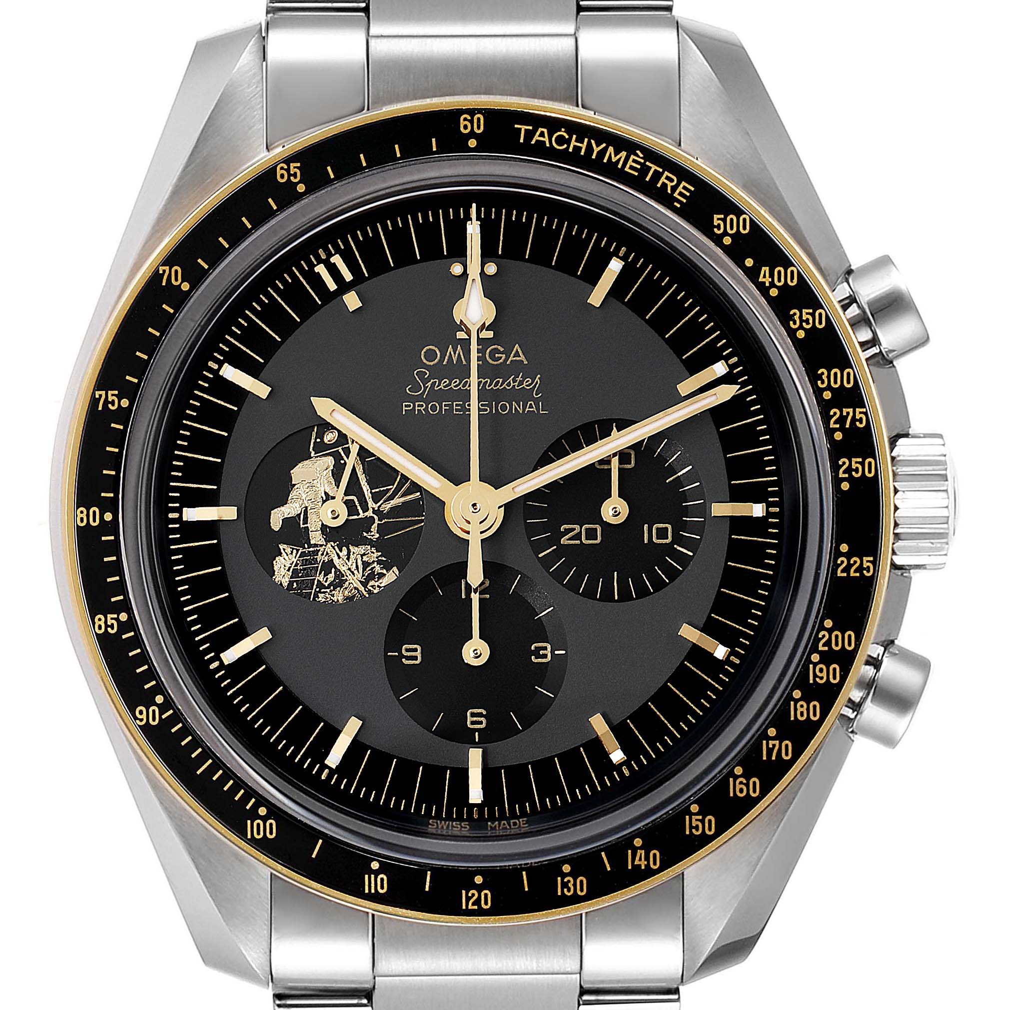 This image shows a front view of an Omega Speedmaster 310.20.42.50.01.001 Men's Stainless Steel Grey Dial 310.20.42.50.01.001 Men's Stainless Steel Grey Dial watch, highlighting its dial, tachymeter scale, and chronograph subdials.