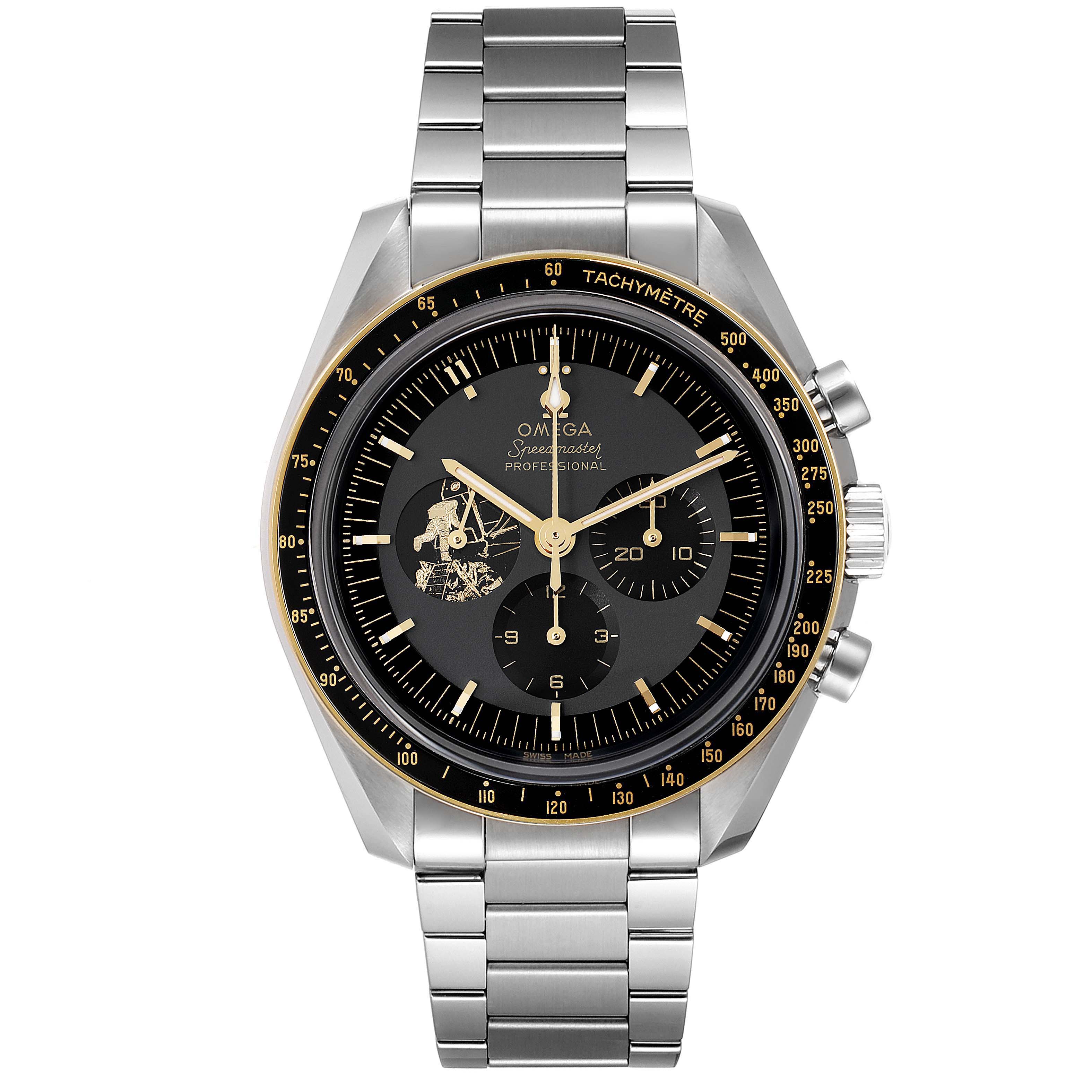 The image shows a front view of an Omega Speedmaster 310.20.42.50.01.001 Men's Stainless Steel Grey Dial 310.20.42.50.01.001 Men's Stainless Steel Grey Dial watch, highlighting its dial, tachymeter bezel, and stainless steel bracelet.