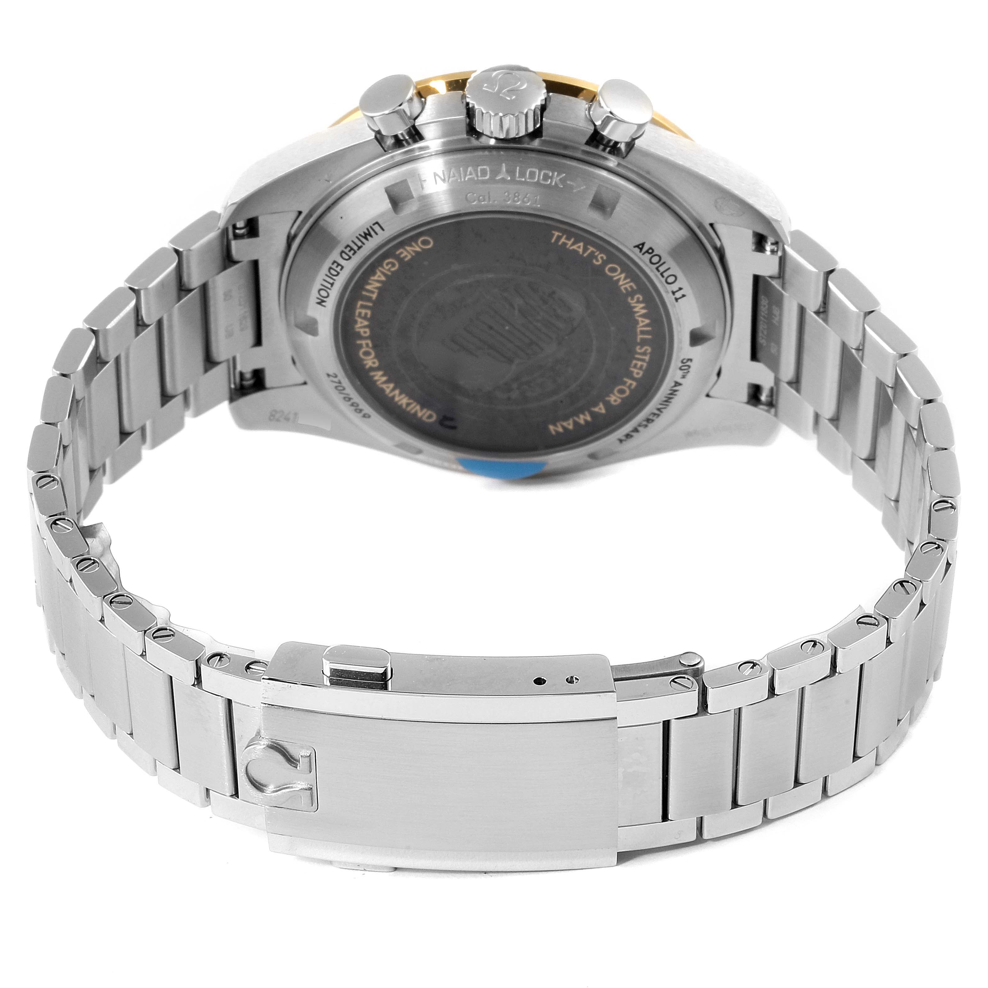 The image shows the back view of an Omega Speedmaster 310.20.42.50.01.001 Men's Stainless Steel Grey Dial 310.20.42.50.01.001 Men's Stainless Steel Grey Dial watch, highlighting the case back, crown, and metal bracelet.