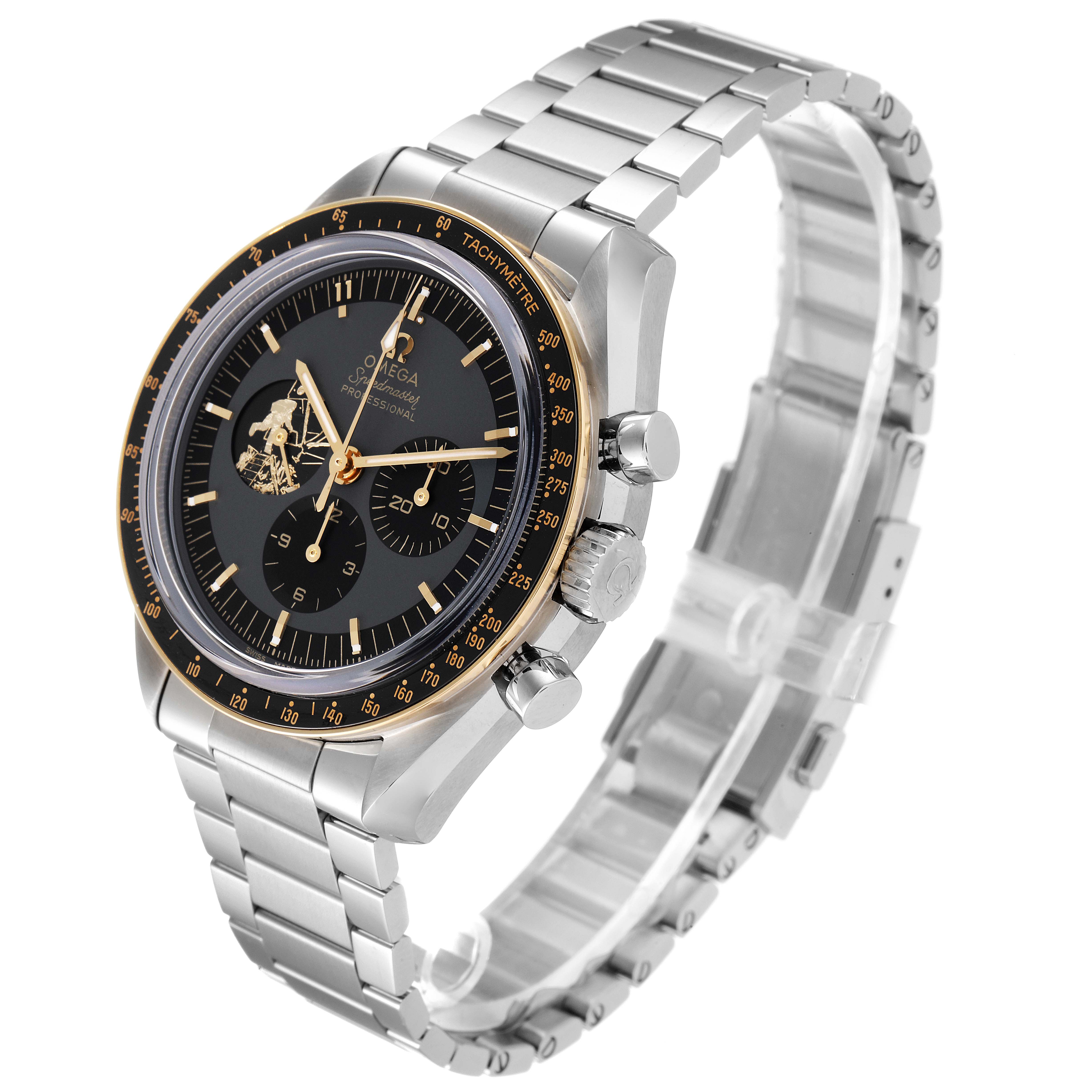 The image shows an Omega Speedmaster 310.20.42.50.01.001 Men's Stainless Steel Grey Dial 310.20.42.50.01.001 Men's Stainless Steel Grey Dial watch at an angle, highlighting the dial, bezel, crown, pushers, and full bracelet.