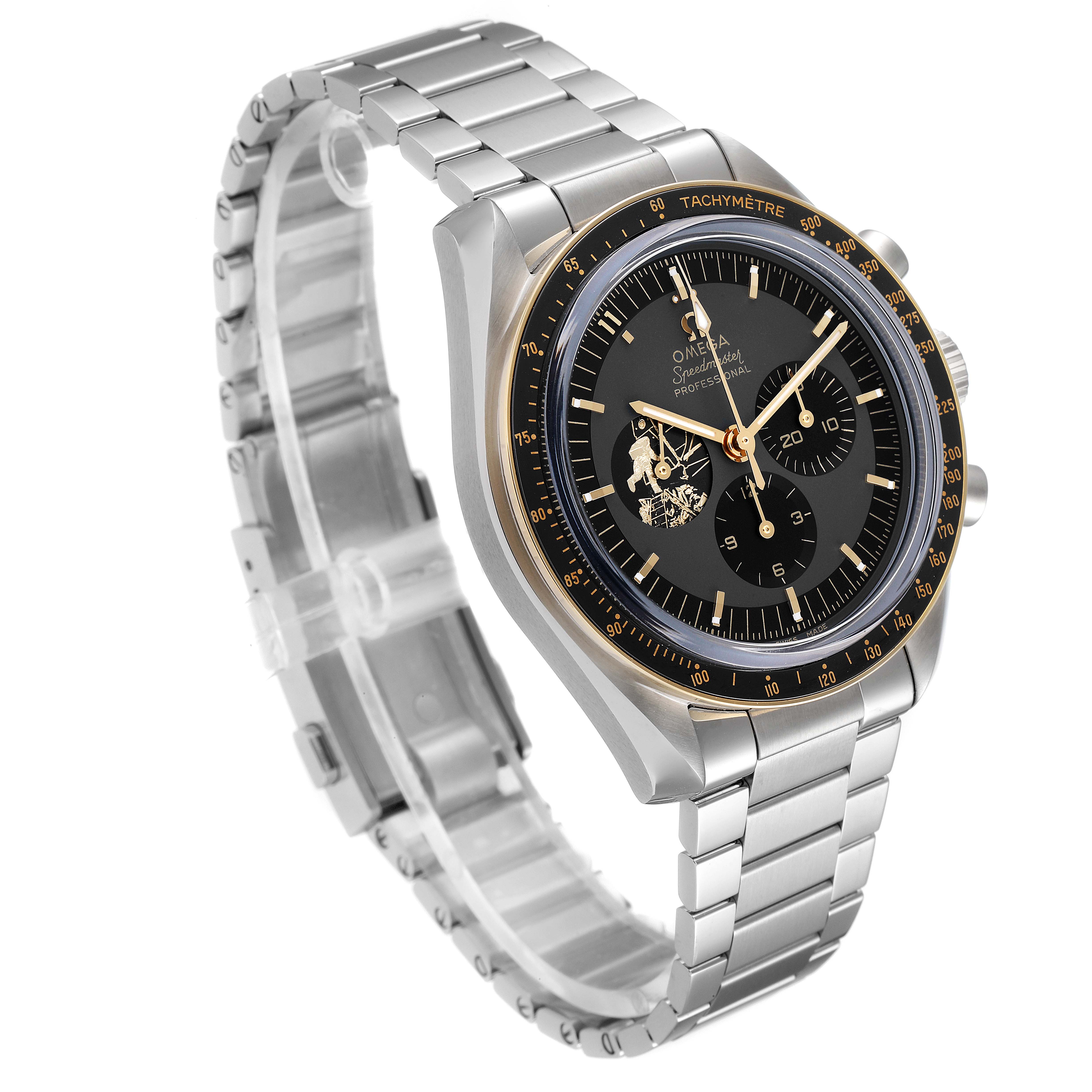 The Omega Speedmaster 310.20.42.50.01.001 Men's Stainless Steel Grey Dial 310.20.42.50.01.001 Men's Stainless Steel Grey Dial watch is shown at an angle highlighting its face, bezel, and stainless steel bracelet.