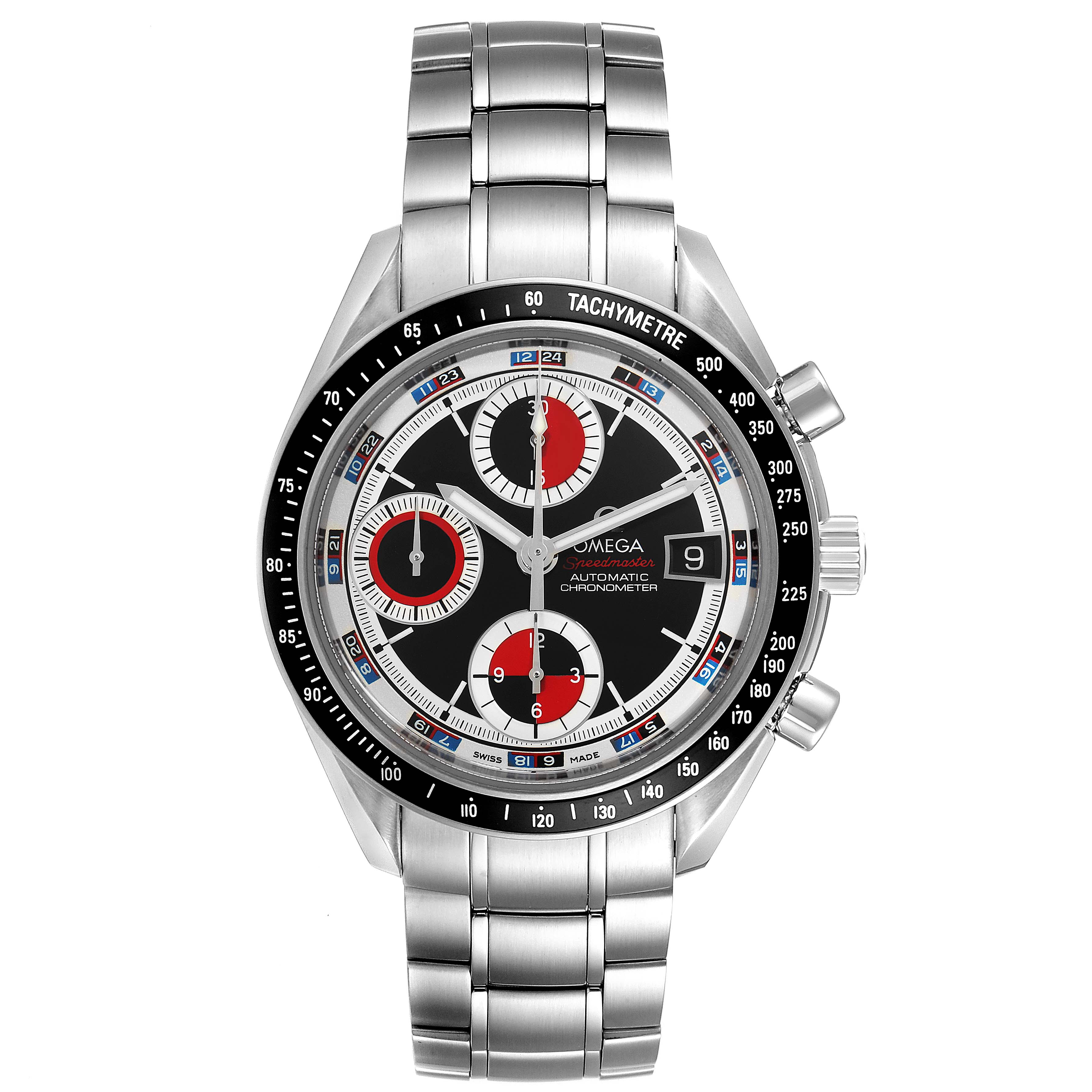 This image shows a front view of an Omega Speedmaster 3210.52.00 Men
s Stainless Steel Black Dial 3210.52.00 Men
s Stainless Steel Black Dial watch, highlighting its dial, hands, chronograph subdials, and bracelet.