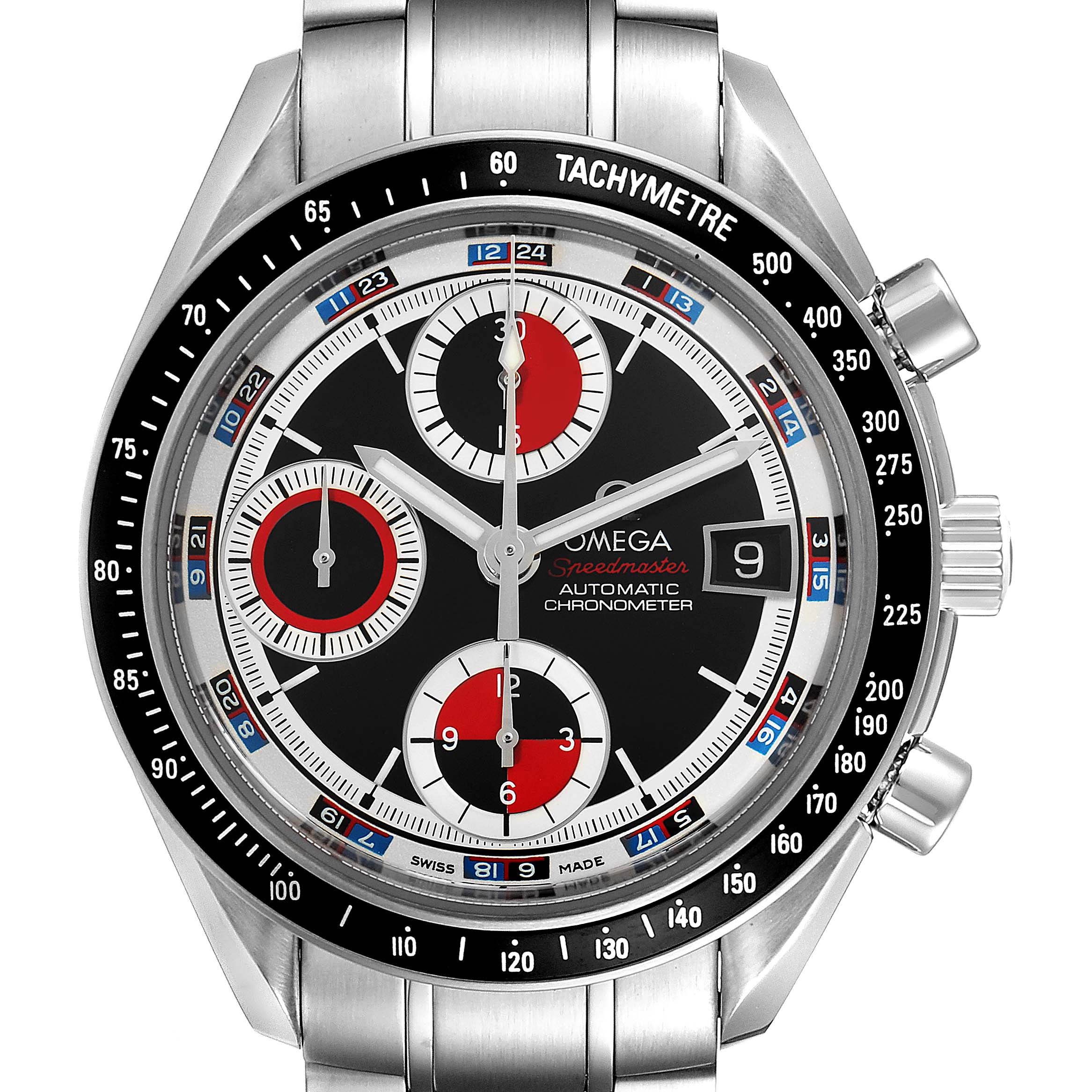 The Omega Speedmaster 3210.52.00 Men
s Stainless Steel Black Dial 3210.52.00 Men
s Stainless Steel Black Dial watch is shown from the front, displaying its face, dials, hands, and tachymeter bezel.