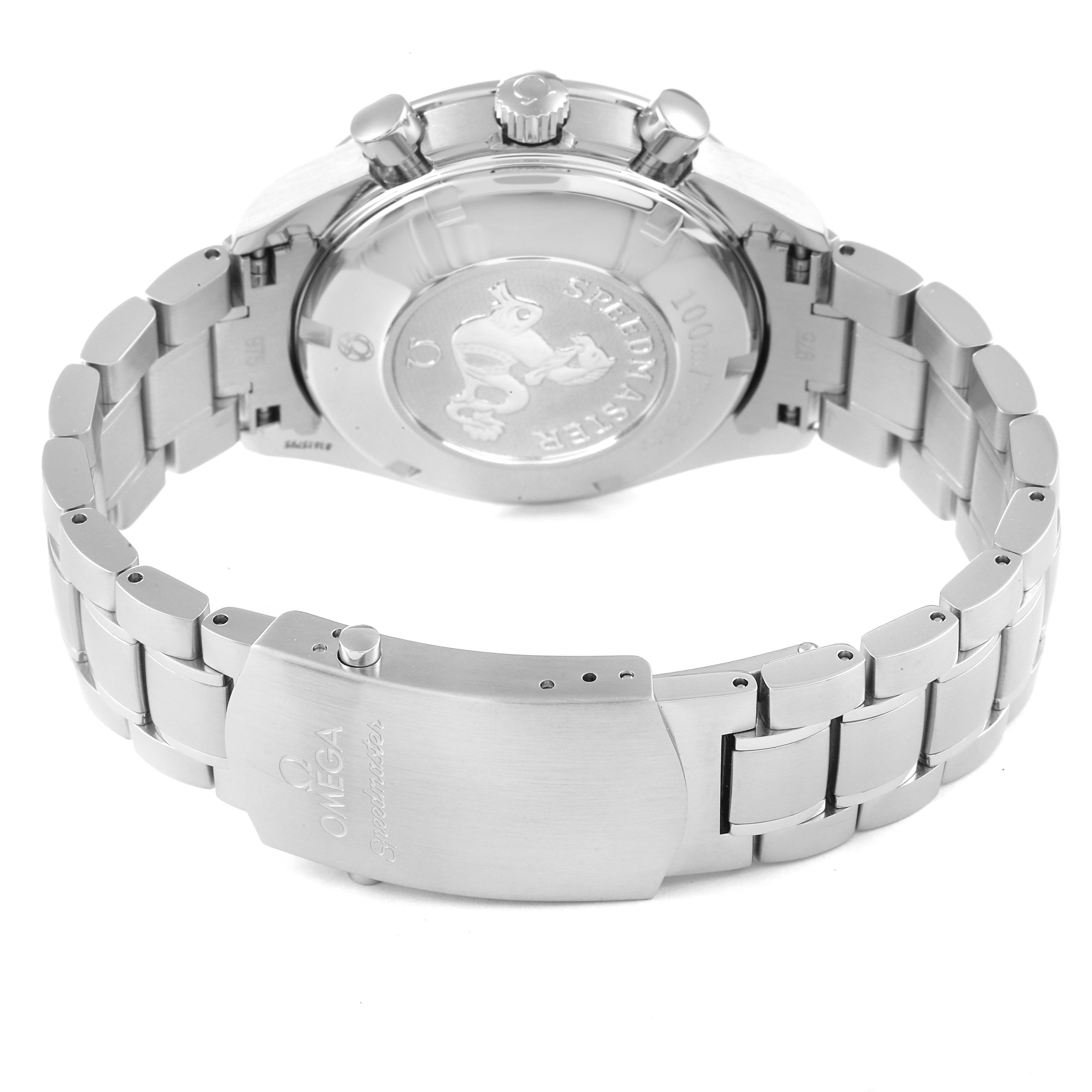 This image shows the back view of the Omega Speedmaster 3210.52.00 Men
s Stainless Steel Black Dial 3210.52.00 Men
s Stainless Steel Black Dial watch and its stainless steel bracelet and clasp.