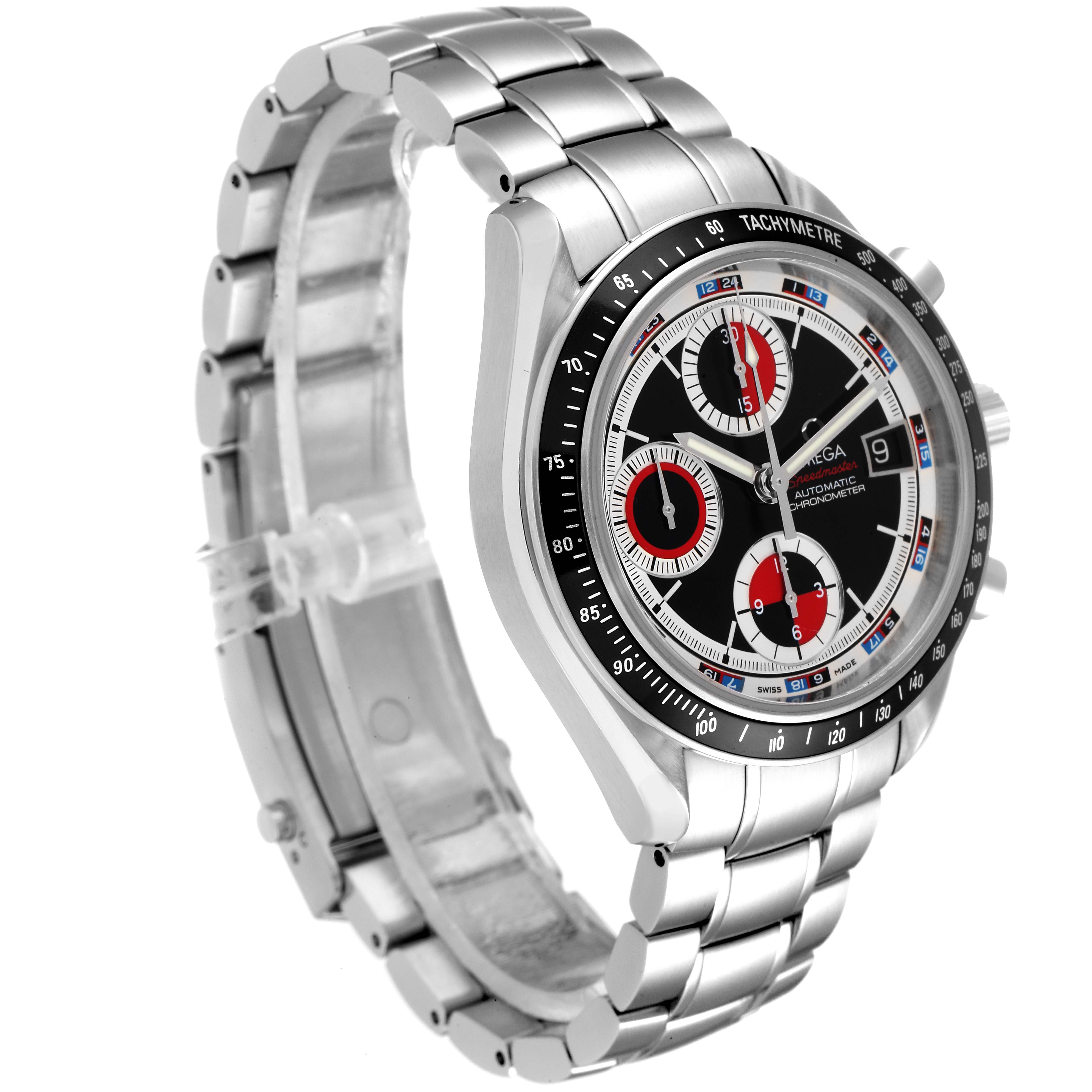 The image shows a front left angled view of the Omega Speedmaster 3210.52.00 Men
s Stainless Steel Black Dial 3210.52.00 Men
s Stainless Steel Black Dial watch, including its face, bezel, and stainless steel bracelet.