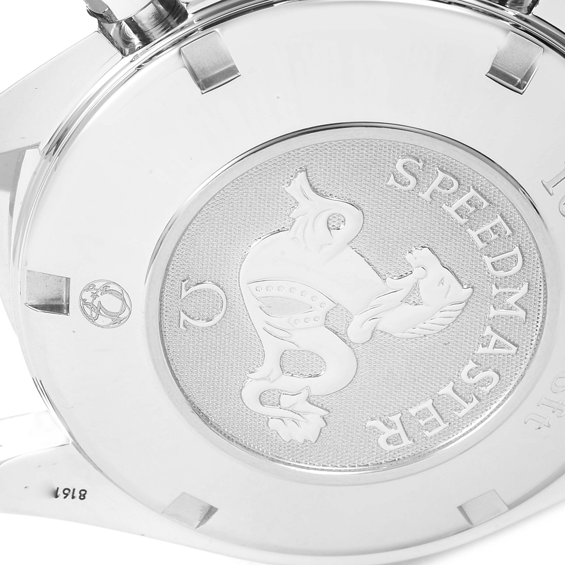 The image shows the case back of an Omega Speedmaster 3210.52.00 Men
s Stainless Steel Black Dial 3210.52.00 Men
s Stainless Steel Black Dial watch, featuring engraved branding and medallion.