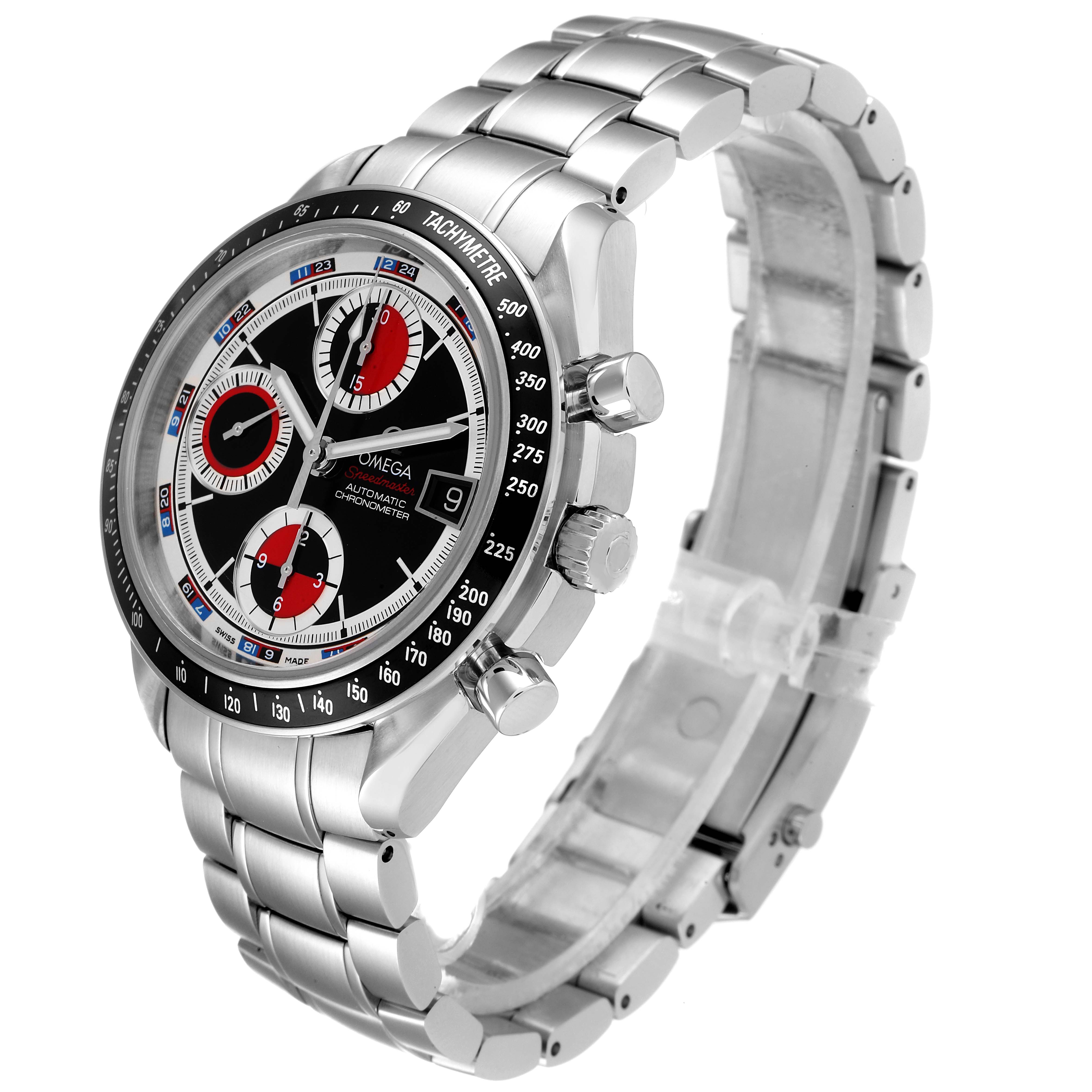 The Omega Speedmaster 3210.52.00 Men
s Stainless Steel Black Dial 3210.52.00 Men
s Stainless Steel Black Dial watch is shown at an angle highlighting the dial, chronograph subdials, case, and metal bracelet.