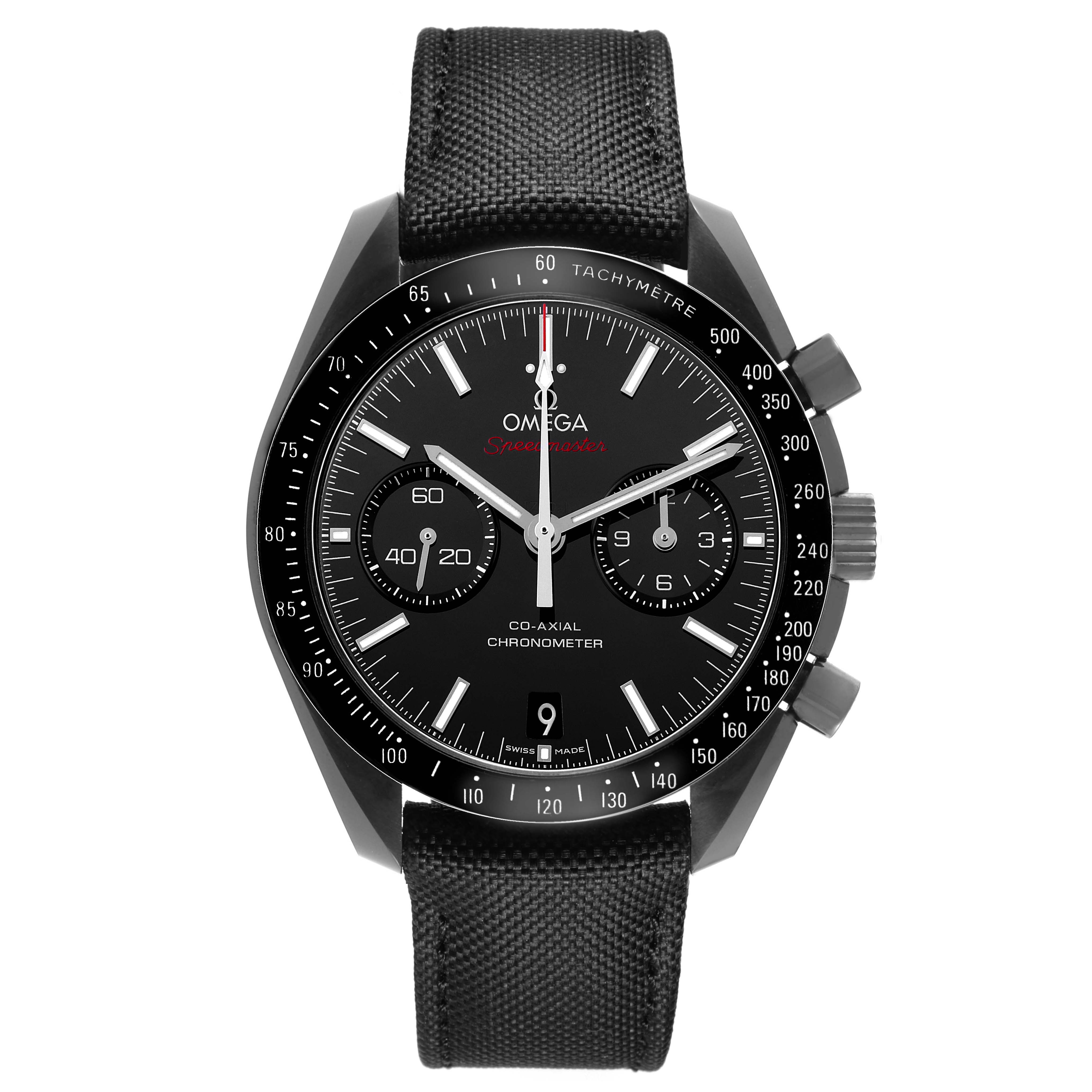 The Omega Speedmaster 311.92.44.51.01.003 Men
s Ceramic Black Dial watch is shown from the front, displaying its black dial, chronograph subdials, and tachymeter bezel.
