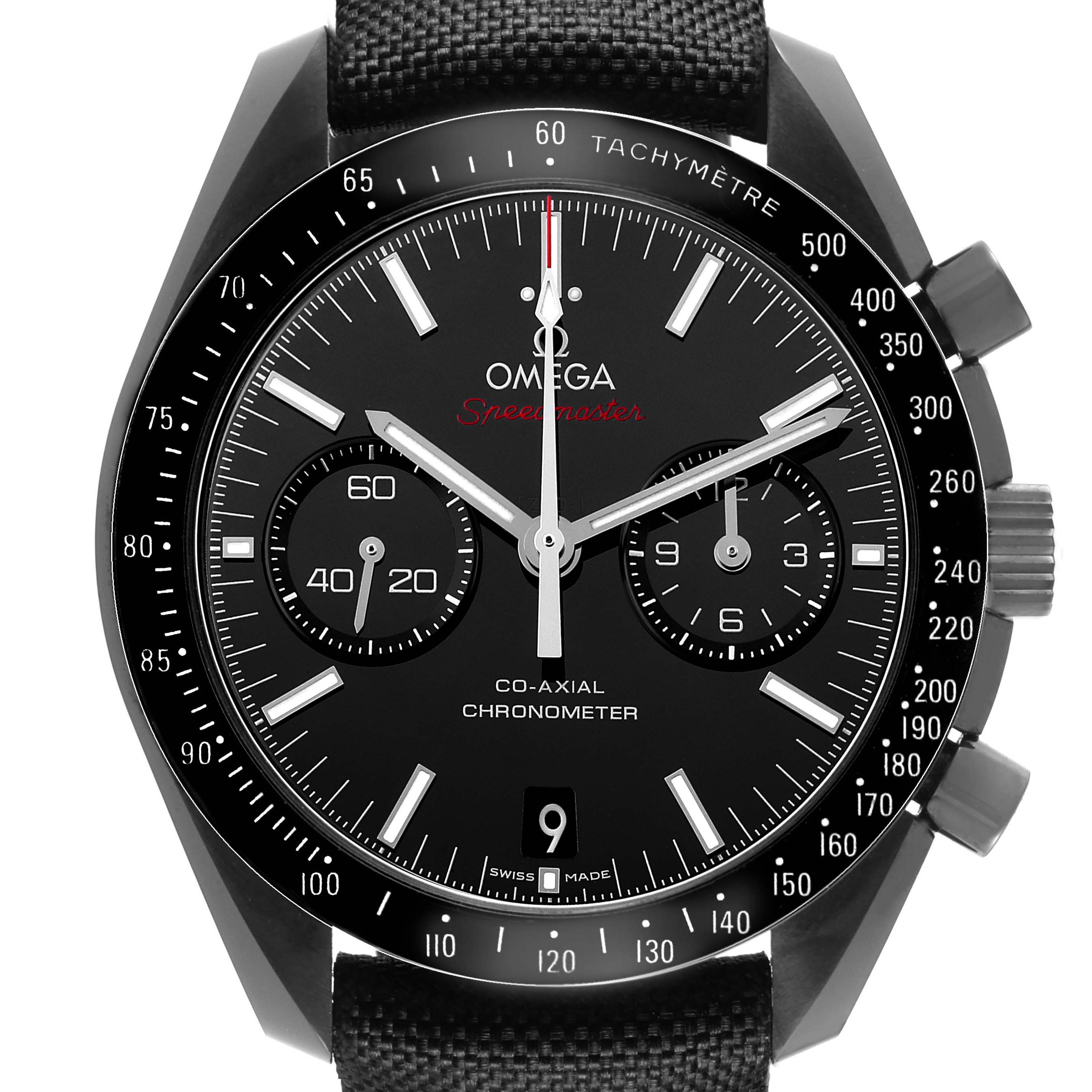 The Omega Speedmaster 311.92.44.51.01.003 Men
s Ceramic Black Dial is shown from the front, displaying the dial, hands, tachymeter scale, and chronograph sub-dials.
