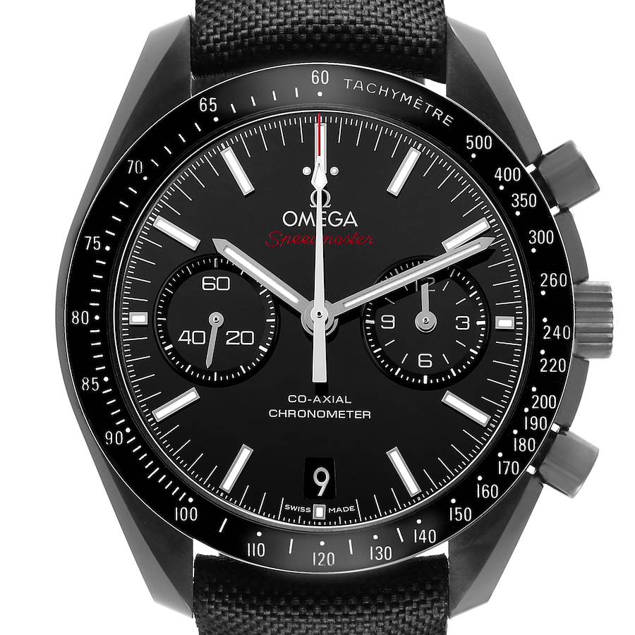 The Omega Speedmaster 311.92.44.51.01.003 Men's Ceramic Black Dial is shown from the front, displaying the dial, hands, tachymeter scale, and chronograph sub-dials.