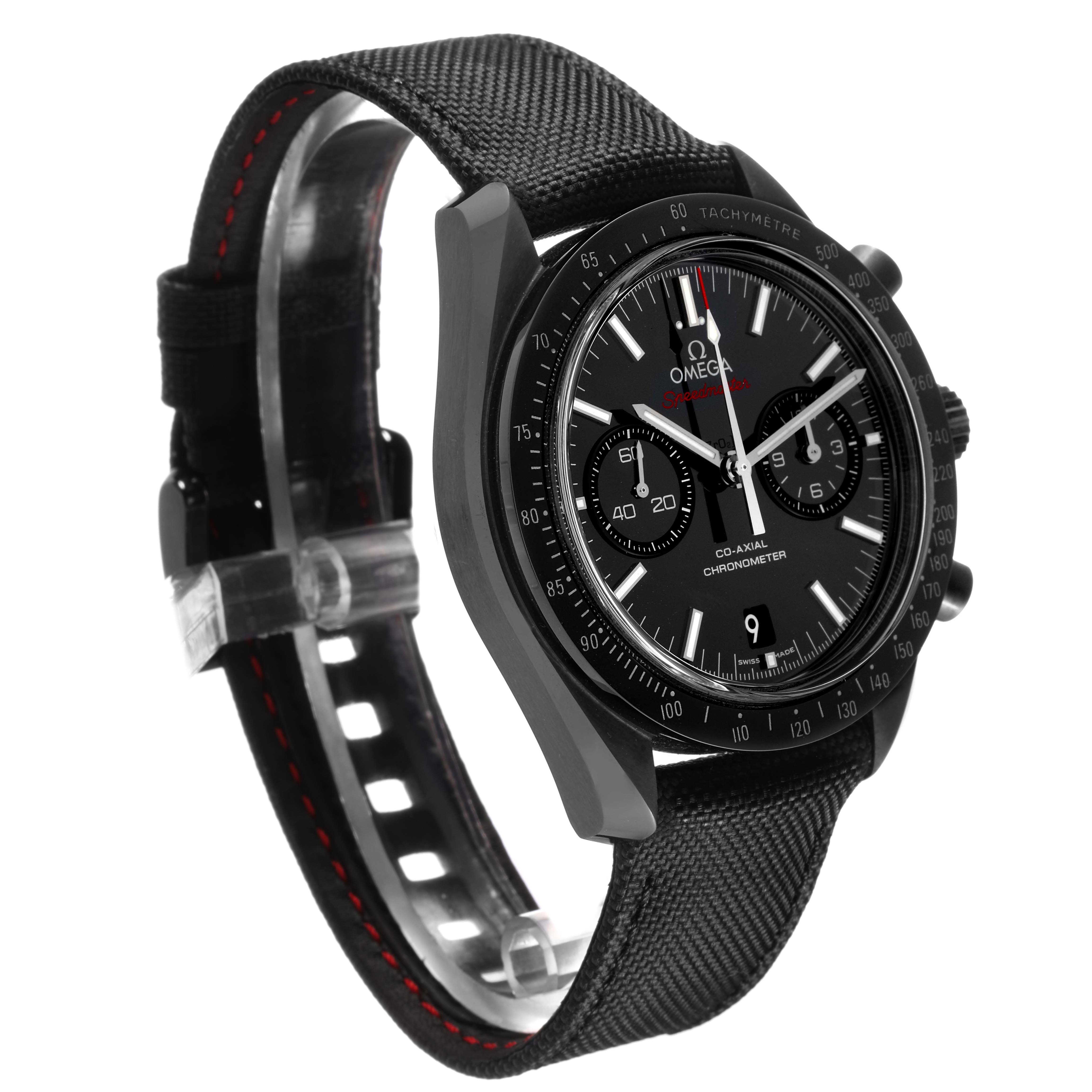 The Omega Speedmaster 311.92.44.51.01.003 Men
s Ceramic Black Dial watch is shown at a three-quarter angle, highlighting the face, bezel, and textured strap.