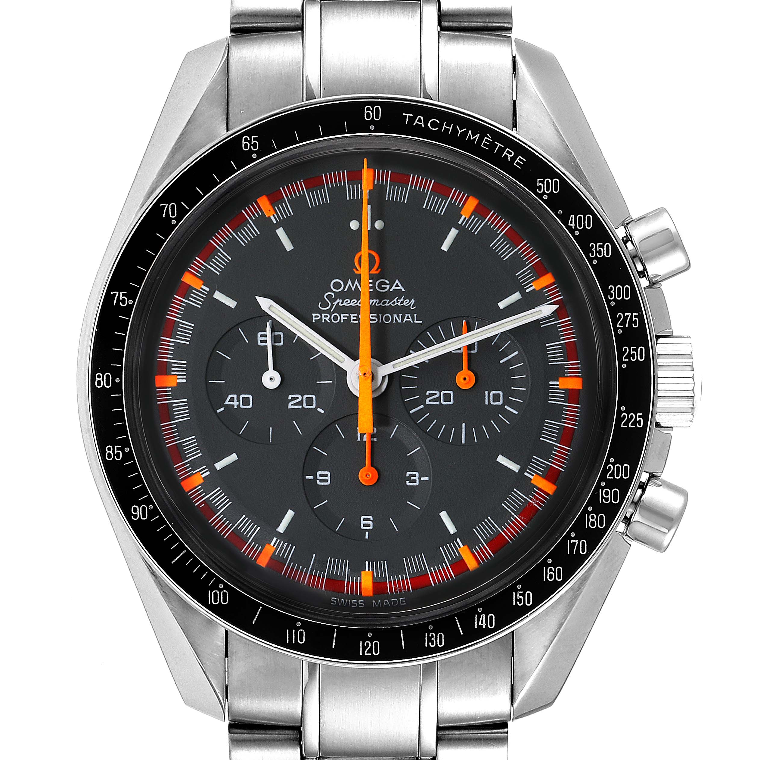The Omega Speedmaster 3570.40.00 Men's Stainless Steel Grey Dial 3570.40.00 Men's Stainless Steel Grey Dial watch is shown from the front, displaying its face, bezel, and metal bracelet.