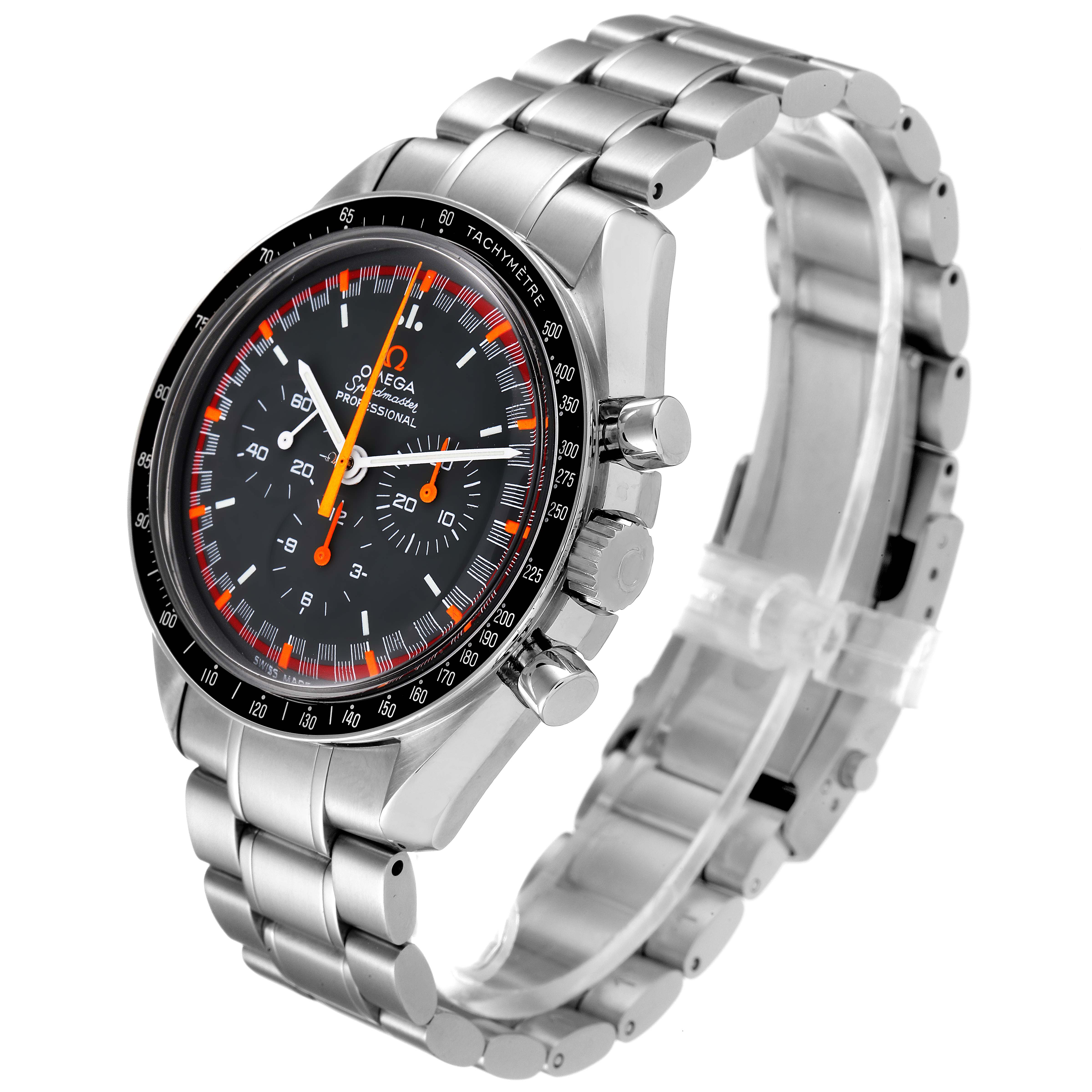 This Omega Speedmaster 3570.40.00 Men's Stainless Steel Grey Dial 3570.40.00 Men's Stainless Steel Grey Dial watch is shown from a 3/4 angle, displaying the face, bezel, and metal bracelet.