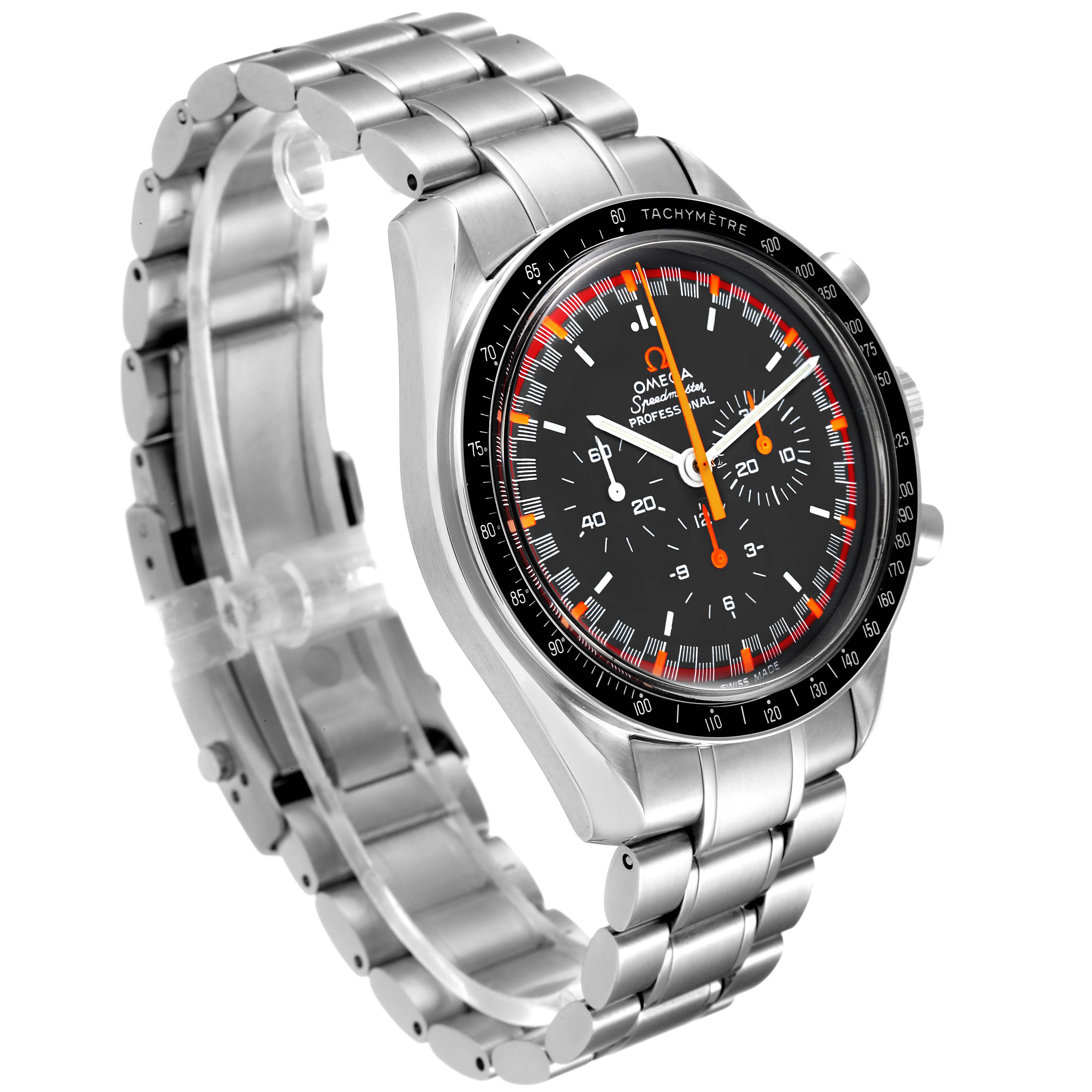 The Omega Speedmaster 3570.40.00 Men's Stainless Steel Grey Dial 3570.40.00 Men's Stainless Steel Grey Dial watch is shown at a slight angle, highlighting its dial, bezel, buttons, and metal bracelet.