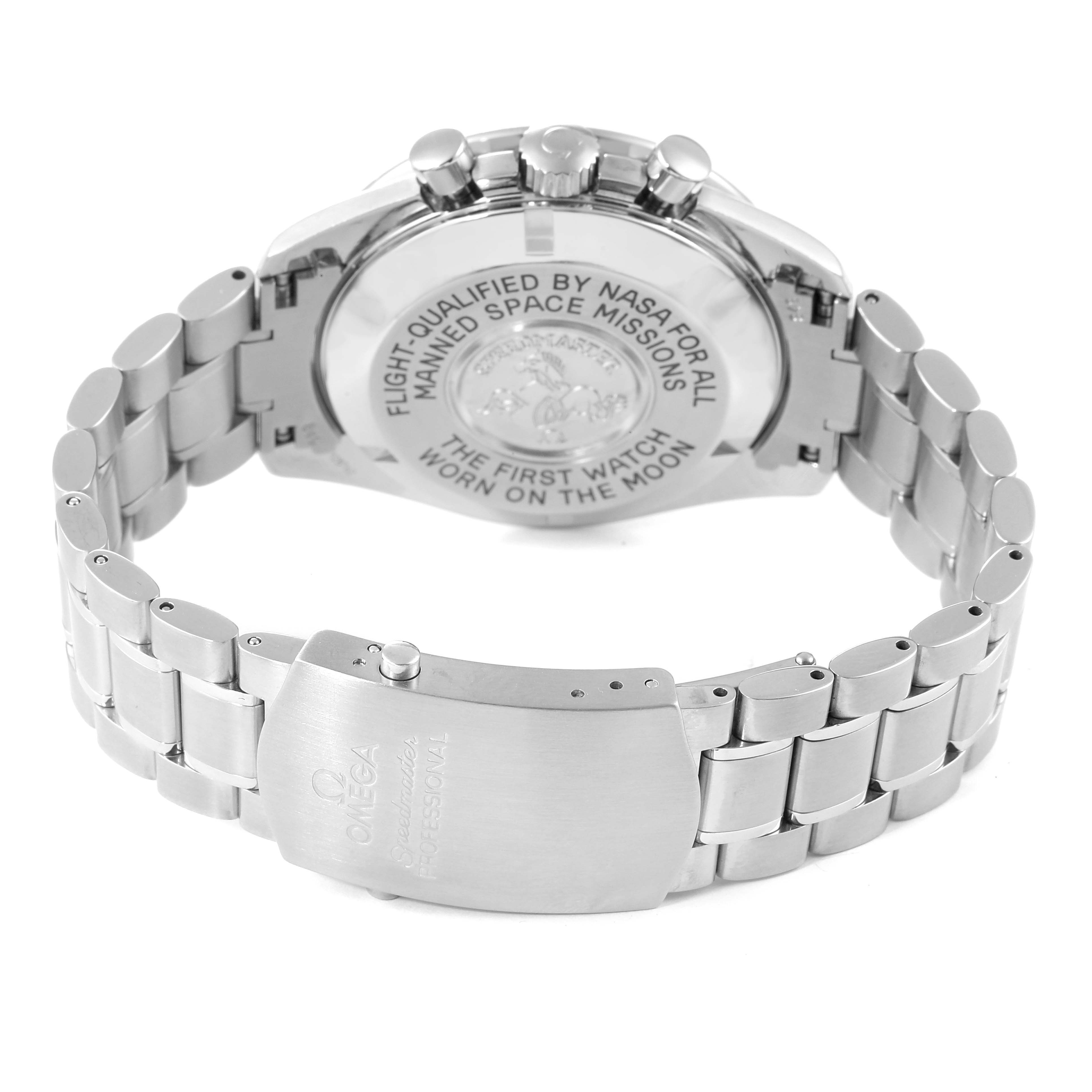 The image shows the back case and bracelet of an Omega Speedmaster 3570.40.00 Men's Stainless Steel Grey Dial 3570.40.00 Men's Stainless Steel Grey Dial watch, highlighting the engravings and clasp.