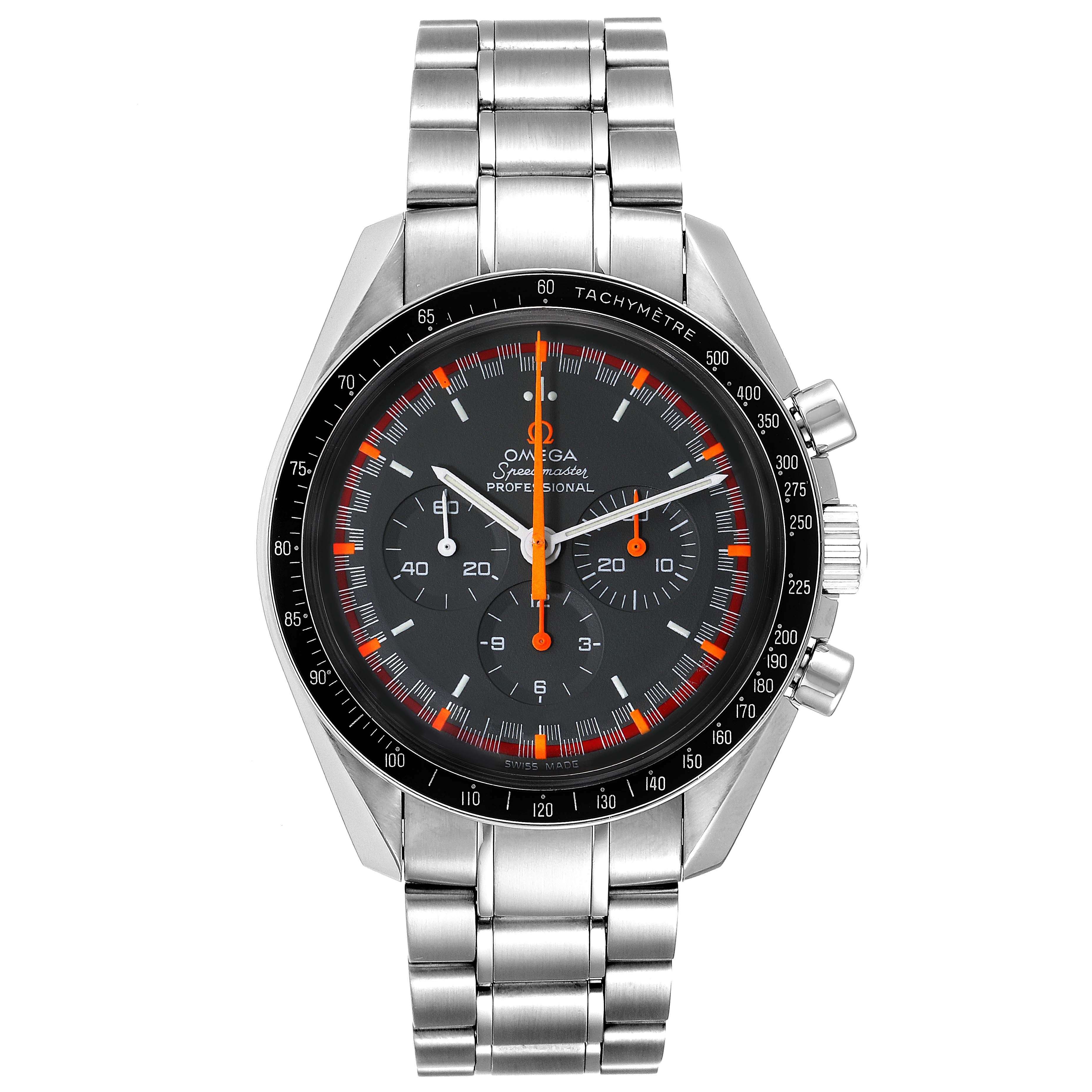 This Omega Speedmaster 3570.40.00 Men's Stainless Steel Grey Dial 3570.40.00 Men's Stainless Steel Grey Dial watch is shown from a front angle, highlighting its dial, bezel, and stainless steel bracelet.