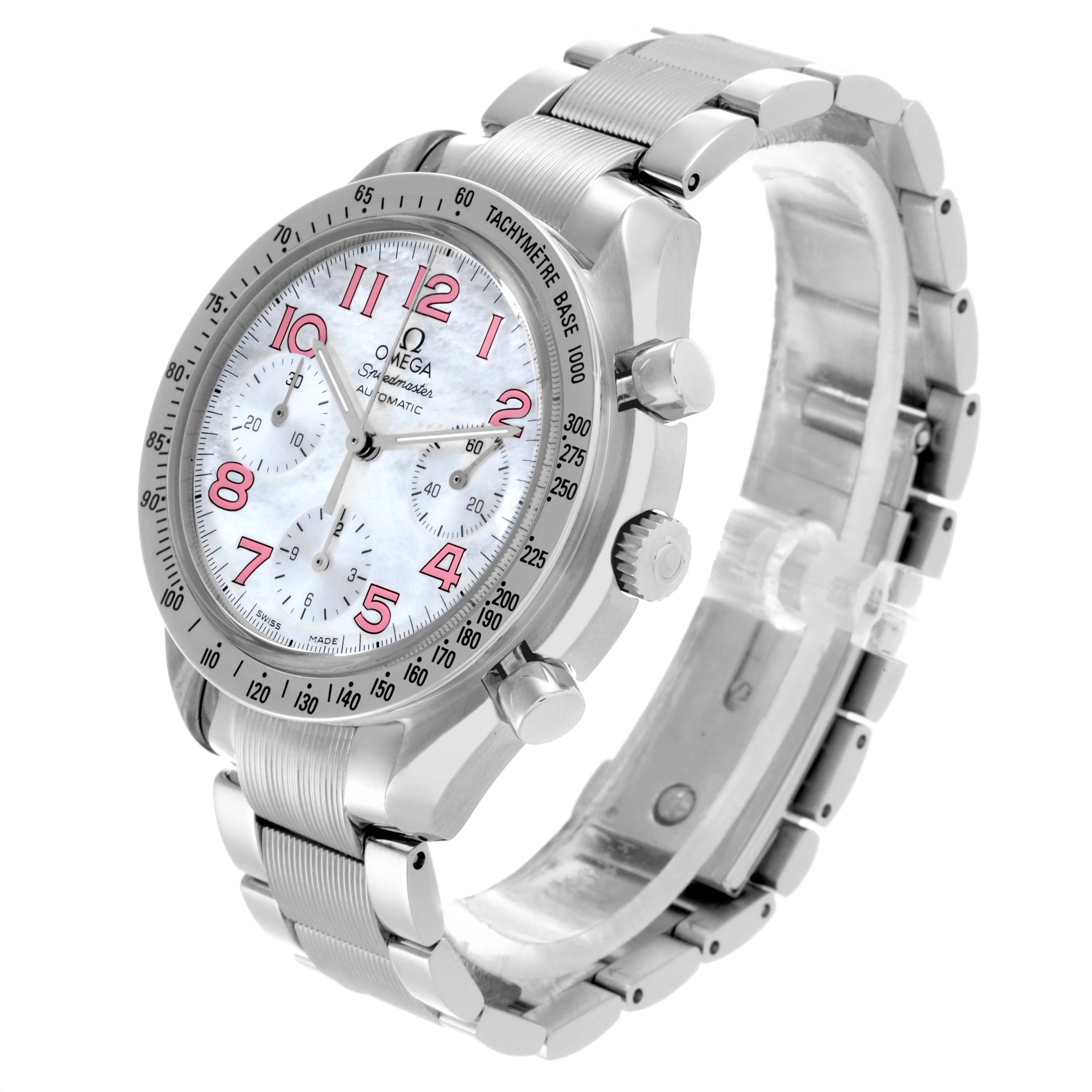 The Omega Speedmaster 3534.74.00 Men's Stainless Steel Mother of Pearl Dial 3534.74.00 Men's Stainless Steel Mother of Pearl Dial watch is shown at a three-quarter angle, highlighting its bezel, dial, and bracelet.