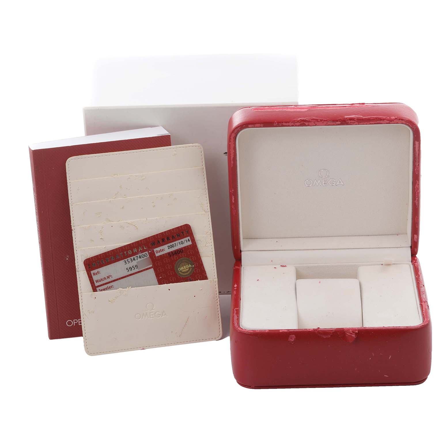 The image shows a red Omega Speedmaster 3534.74.00 Men's Stainless Steel Mother of Pearl Dial 3534.74.00 Men's Stainless Steel Mother of Pearl Dial box, warranty card holder, and documentation, viewed from the front.