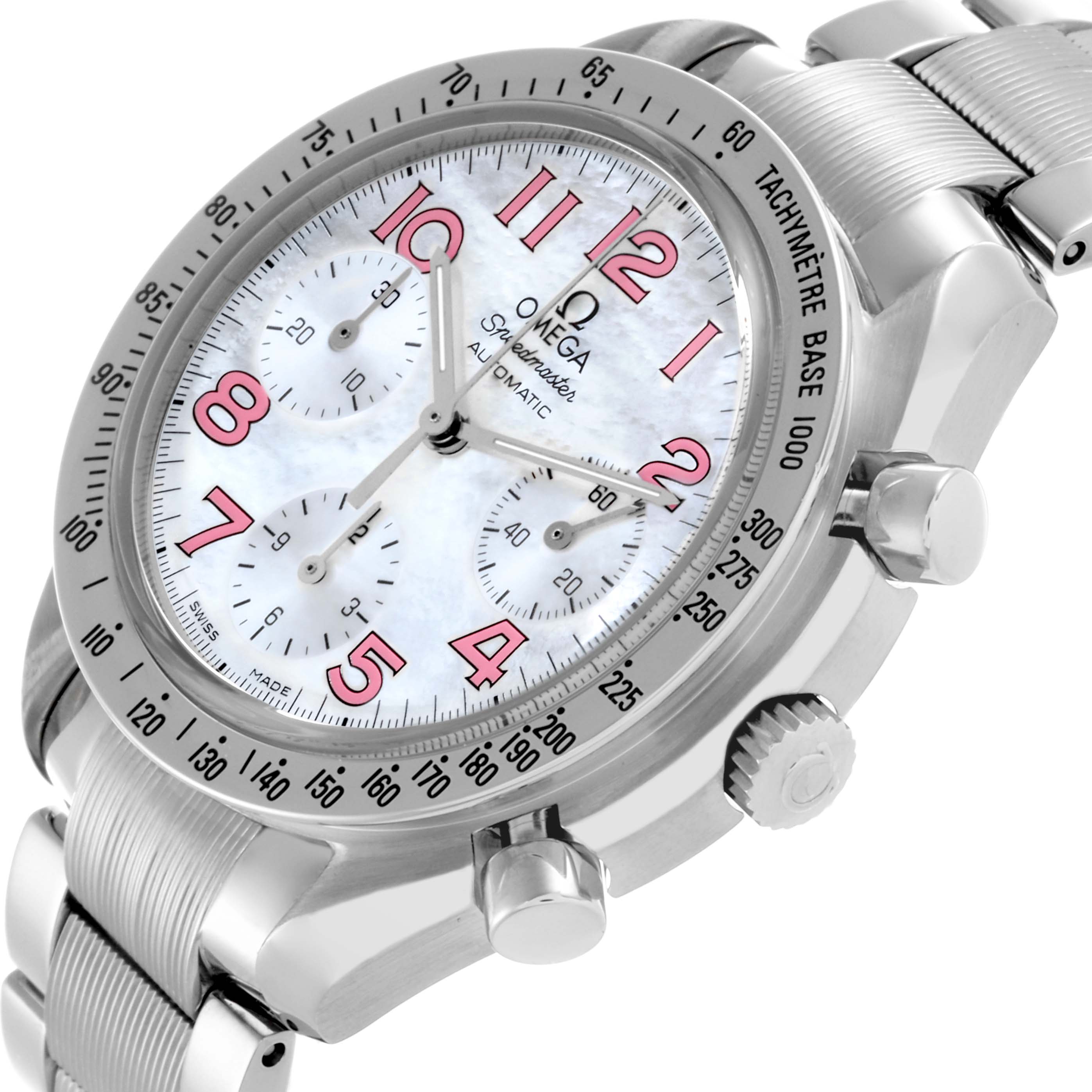 The Omega Speedmaster 3534.74.00 Men's Stainless Steel Mother of Pearl Dial 3534.74.00 Men's Stainless Steel Mother of Pearl Dial watch is shown from an angled side view, highlighting the dial, pushers, crown, and part of the bracelet.