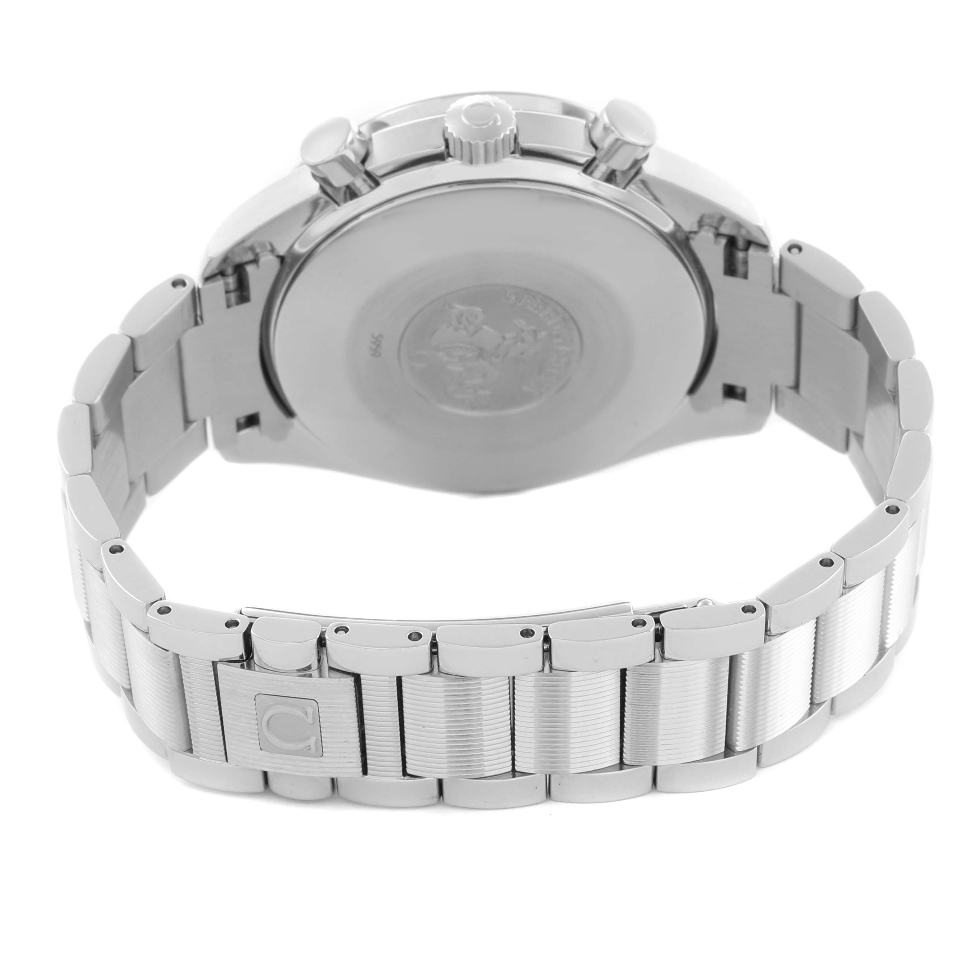 The Omega Speedmaster 3534.74.00 Men's Stainless Steel Mother of Pearl Dial 3534.74.00 Men's Stainless Steel Mother of Pearl Dial watch is shown from the rear, highlighting the case back, bracelet, and clasp.