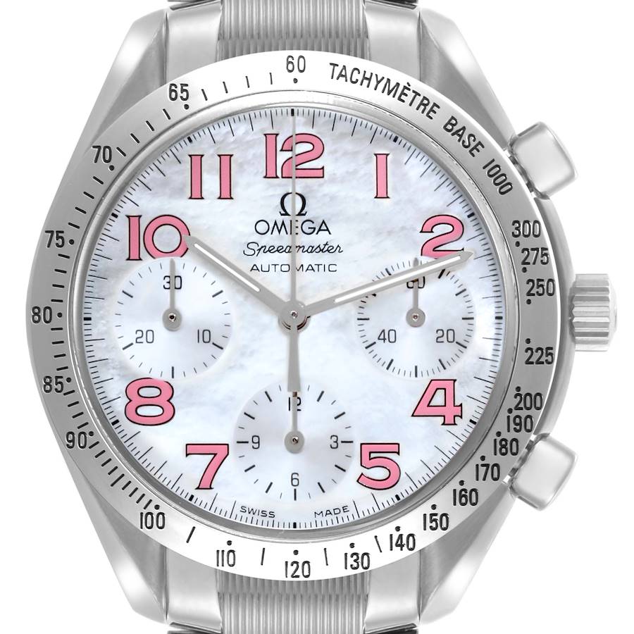 The image shows a frontal view of the Omega Speedmaster watch, displaying the face, bezel, and pushers.