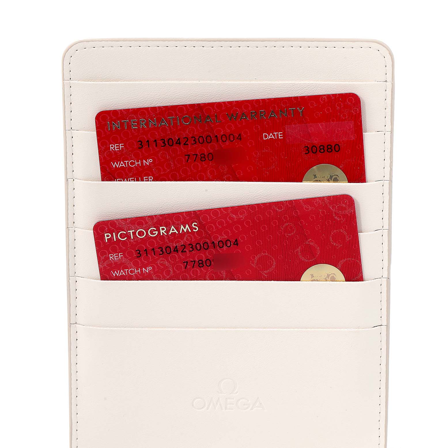 This image shows warranty and pictogram cards for the Omega Speedmaster 311.30.42.30.01.004 Men's Stainless Steel Black Dial 311.30.42.30.01.004 Men's Stainless Steel Black Dial model in a white cardholder.