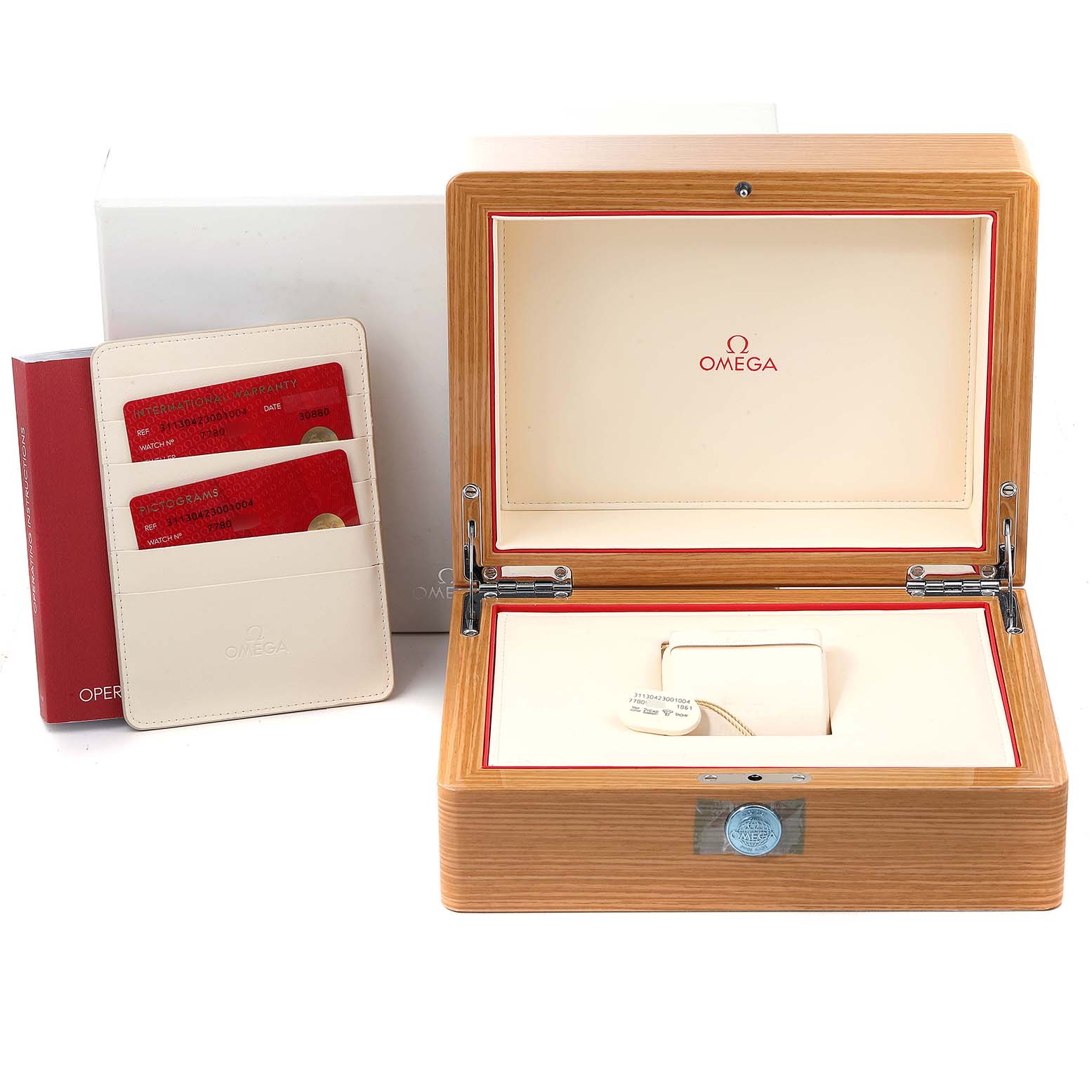 The image shows the open presentation box, cardholder, and documentation for an Omega Speedmaster 311.30.42.30.01.004 Men's Stainless Steel Black Dial 311.30.42.30.01.004 Men's Stainless Steel Black Dial watch.