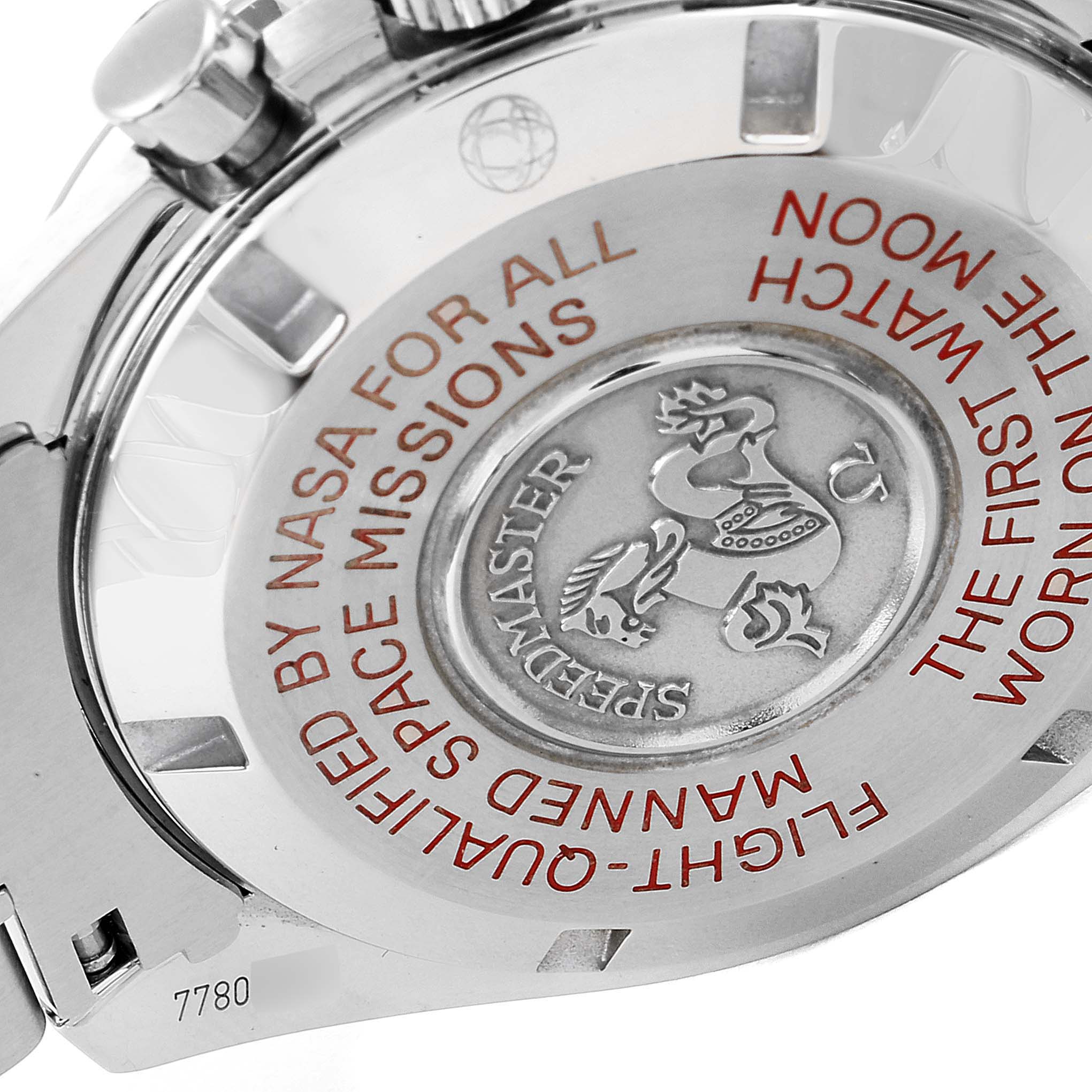 The image shows the back of an Omega Speedmaster 311.30.42.30.01.004 Men's Stainless Steel Black Dial 311.30.42.30.01.004 Men's Stainless Steel Black Dial watch, highlighting the engraved text and emblem on the case back.