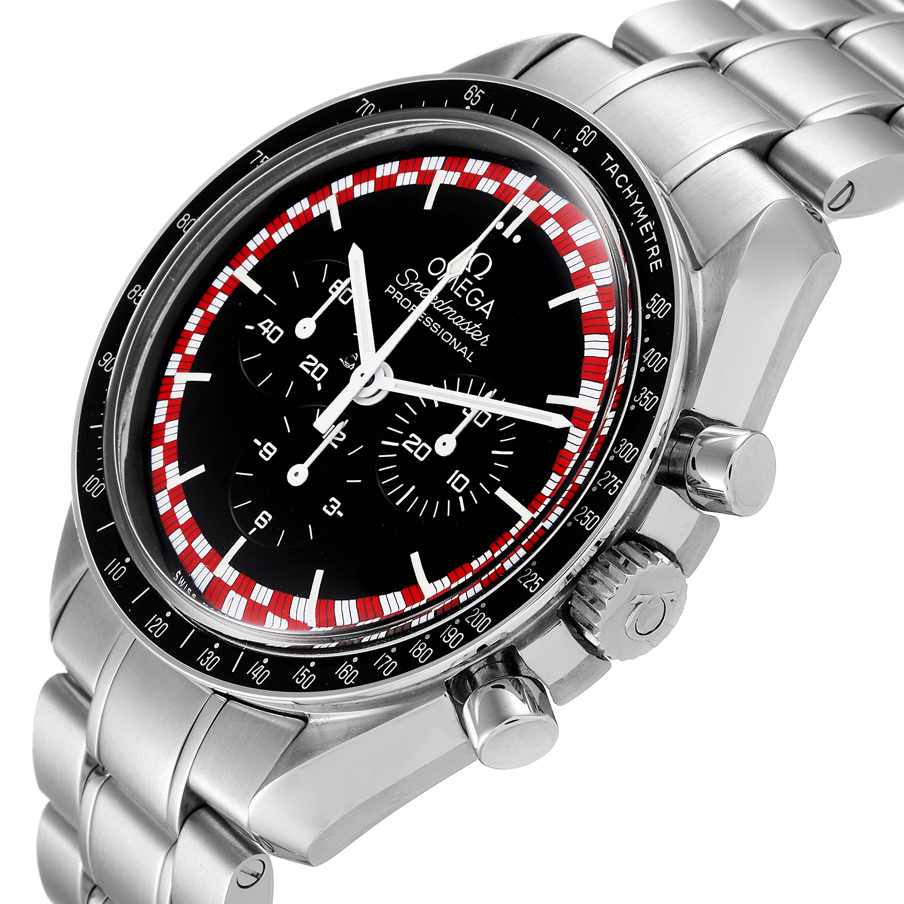 This Omega Speedmaster 311.30.42.30.01.004 Men's Stainless Steel Black Dial 311.30.42.30.01.004 Men's Stainless Steel Black Dial watch is shown at a three-quarter angle, highlighting the dial, bezel, crown, and part of the bracelet.