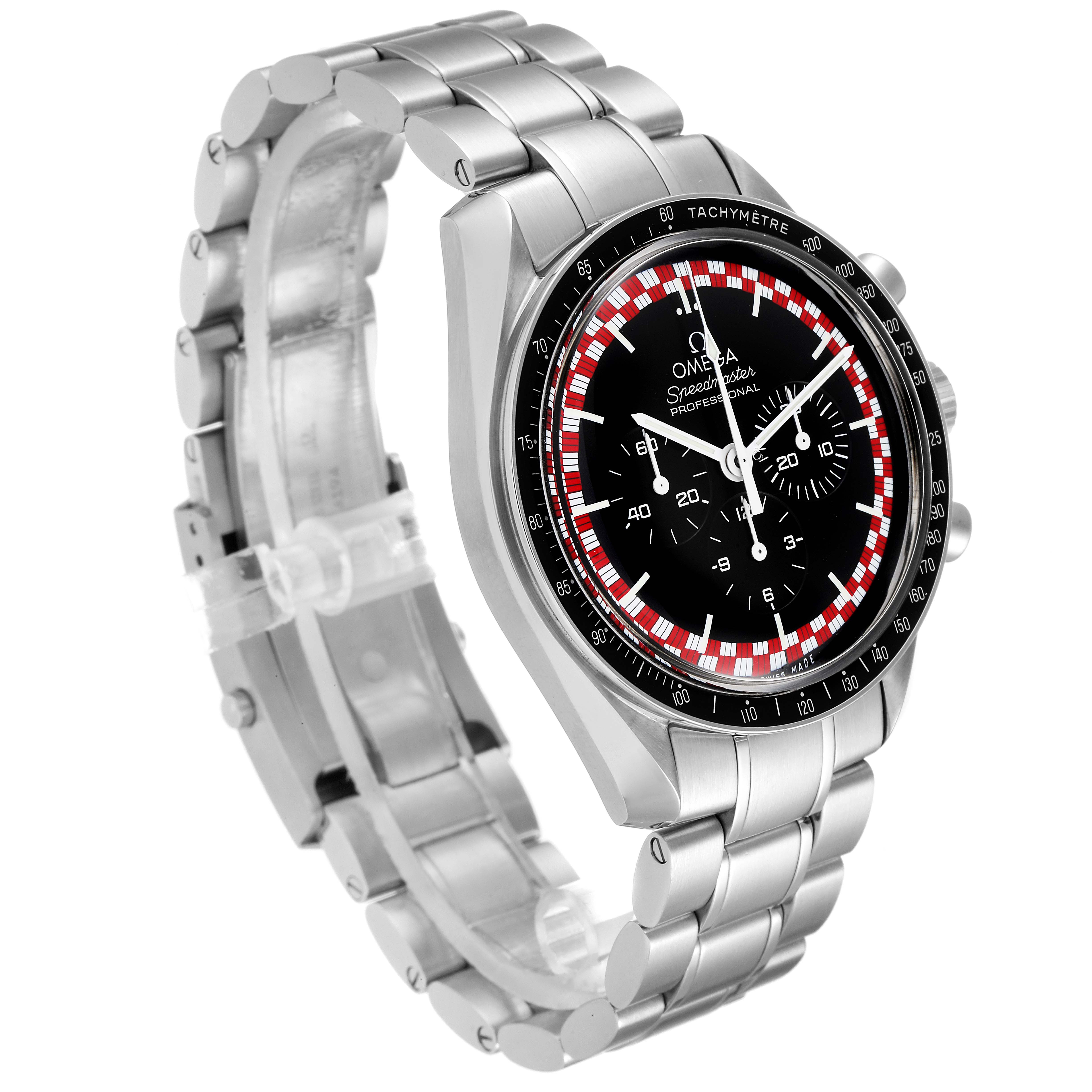 The image shows an angled view of the Omega Speedmaster 311.30.42.30.01.004 Men's Stainless Steel Black Dial 311.30.42.30.01.004 Men's Stainless Steel Black Dial watch, displaying the watch face, bezel, and metal bracelet.