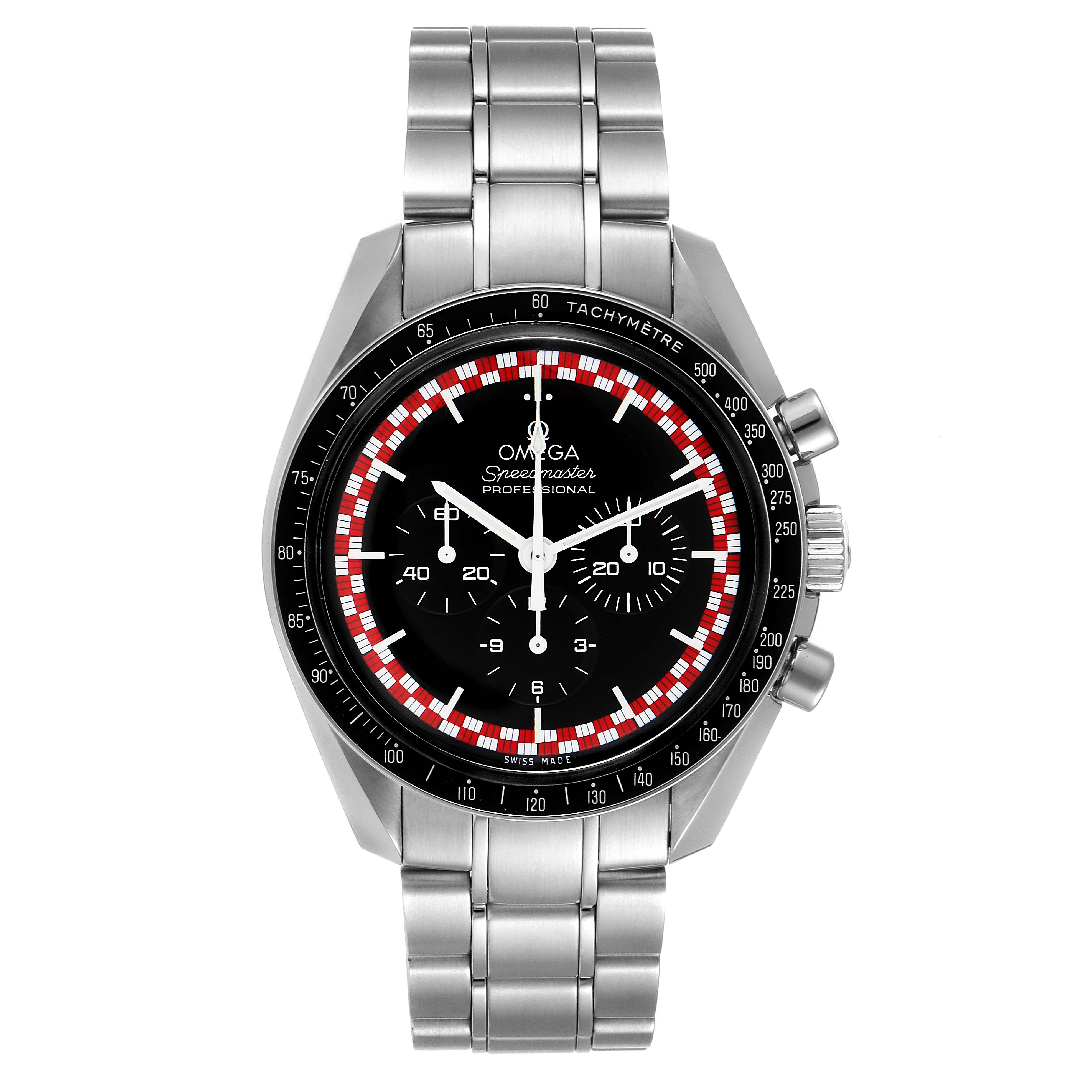 The image shows a front view of an Omega Speedmaster 311.30.42.30.01.004 Men's Stainless Steel Black Dial 311.30.42.30.01.004 Men's Stainless Steel Black Dial watch, displaying the dial, bezel, and bracelet.