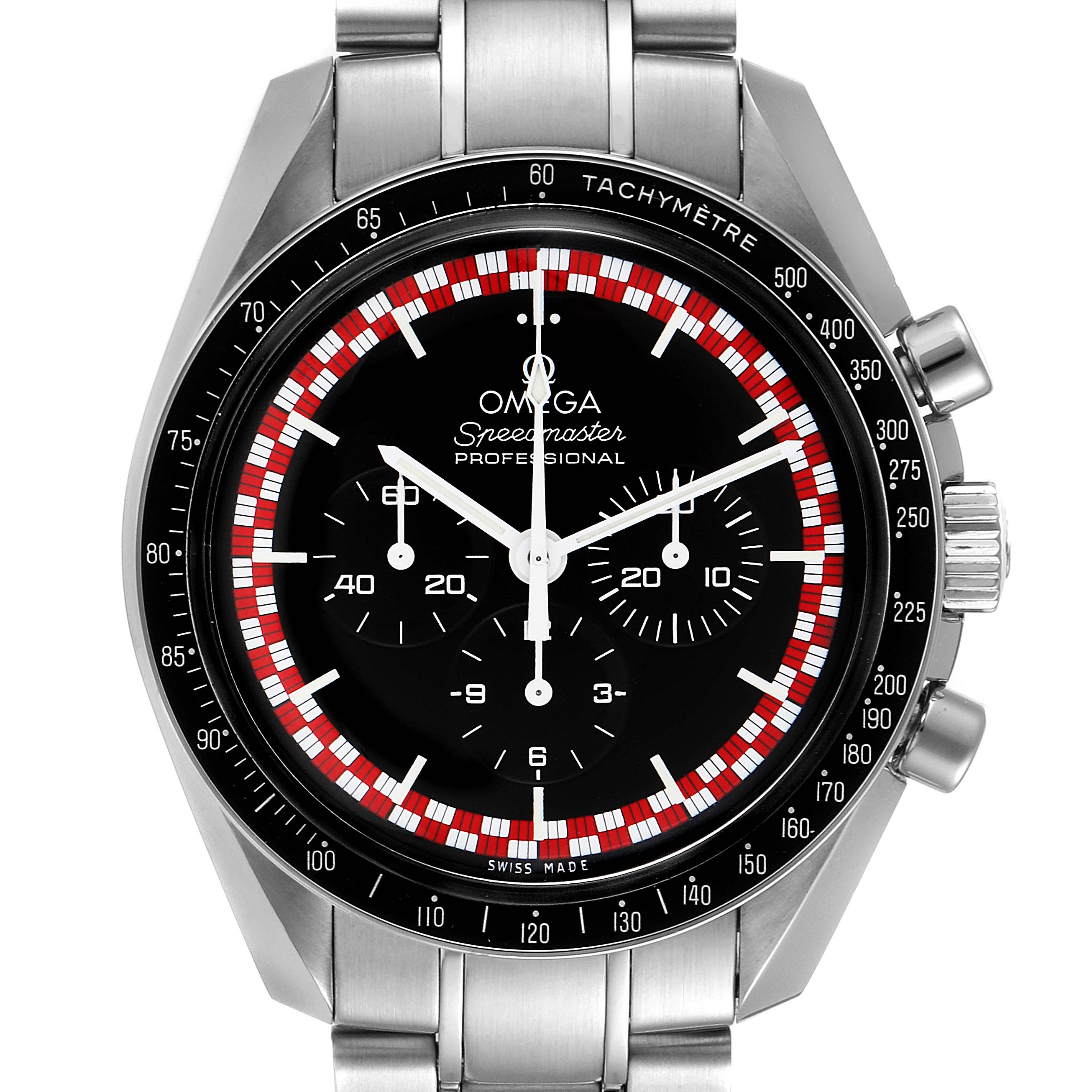 The Omega Speedmaster 311.30.42.30.01.004 Men's Stainless Steel Black Dial 311.30.42.30.01.004 Men's Stainless Steel Black Dial watch is shown from a top-down angle, highlighting its dial, subdials, bezel, and bracelet.
