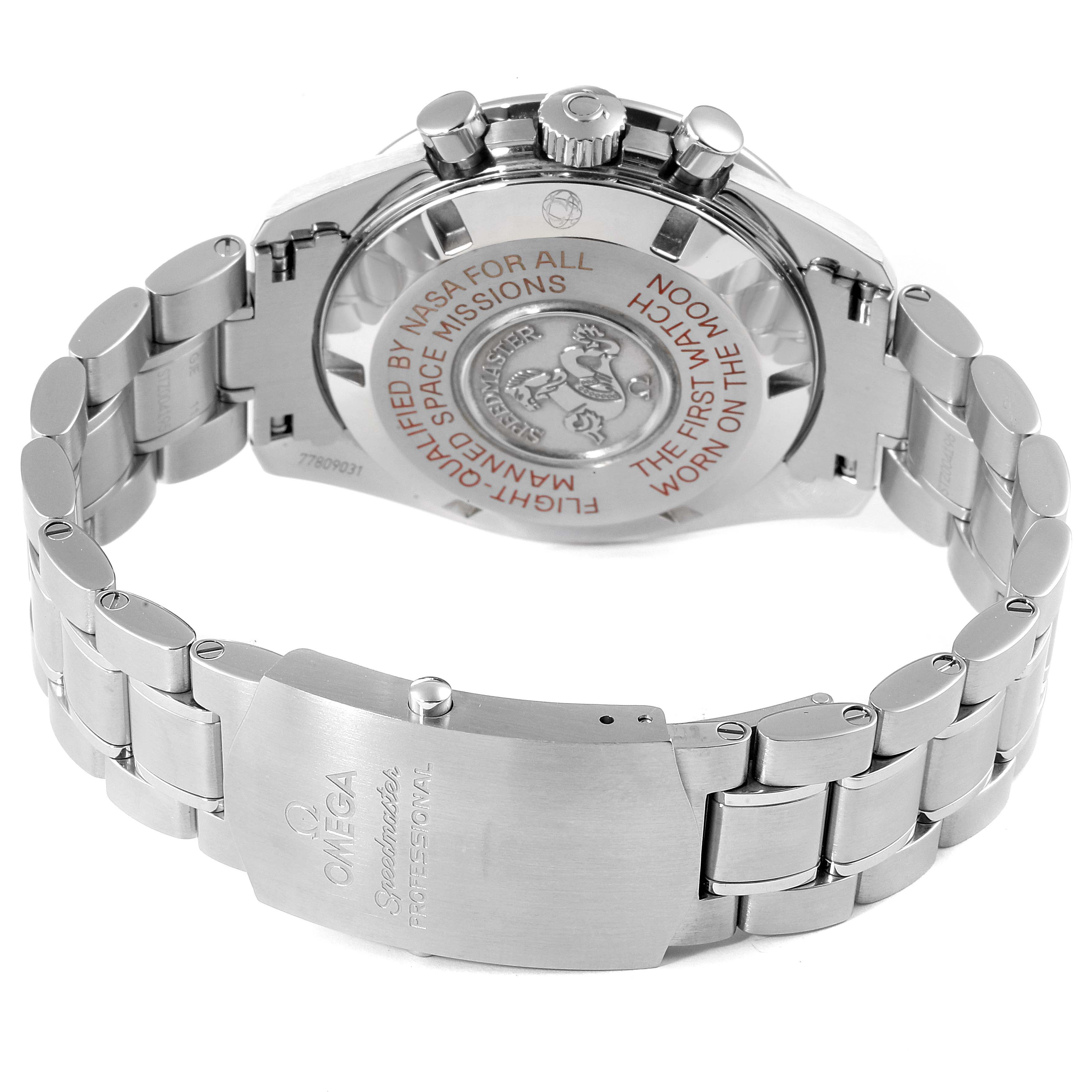 The image shows the back case and bracelet of an Omega Speedmaster 311.30.42.30.01.004 Men's Stainless Steel Black Dial 311.30.42.30.01.004 Men's Stainless Steel Black Dial watch viewed from an angled rear perspective.