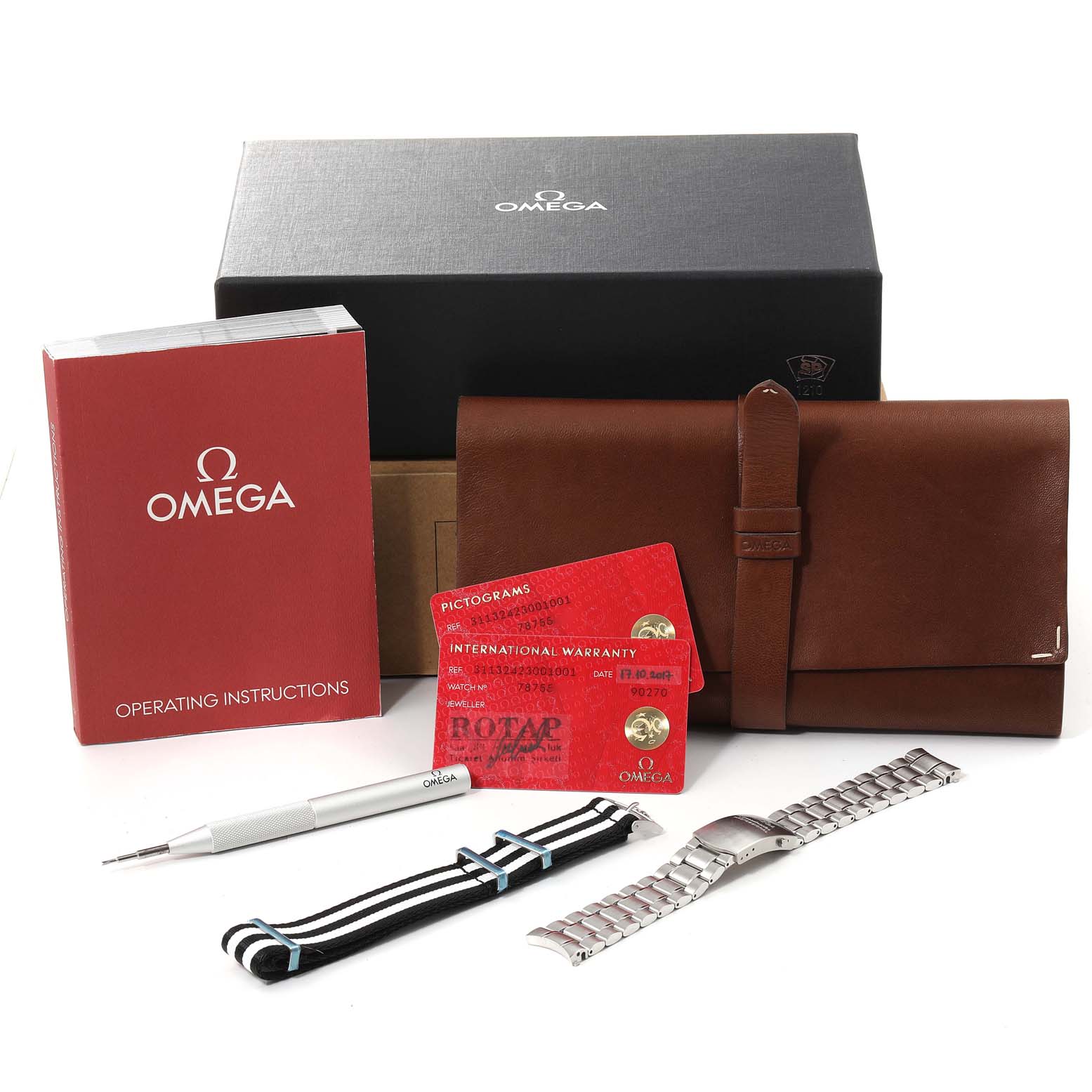 This image shows the accessories for an Omega Speedmaster 311.32.42.30.01.001 Men's Steel and Gold (two tone)  311.32.42.30.01.001 Men's Steel and Gold (two tone)  watch, including a black box, operating manual, warranty cards, additional straps, and a leather case.